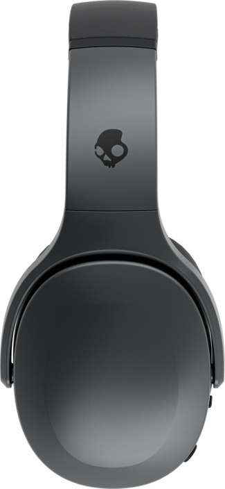 Cuffie Skullcandy nere. La fascia ha il logo del teschio. I padiglioni auricolari sono rotondi. Le cuffie sono su sfondo bianco.