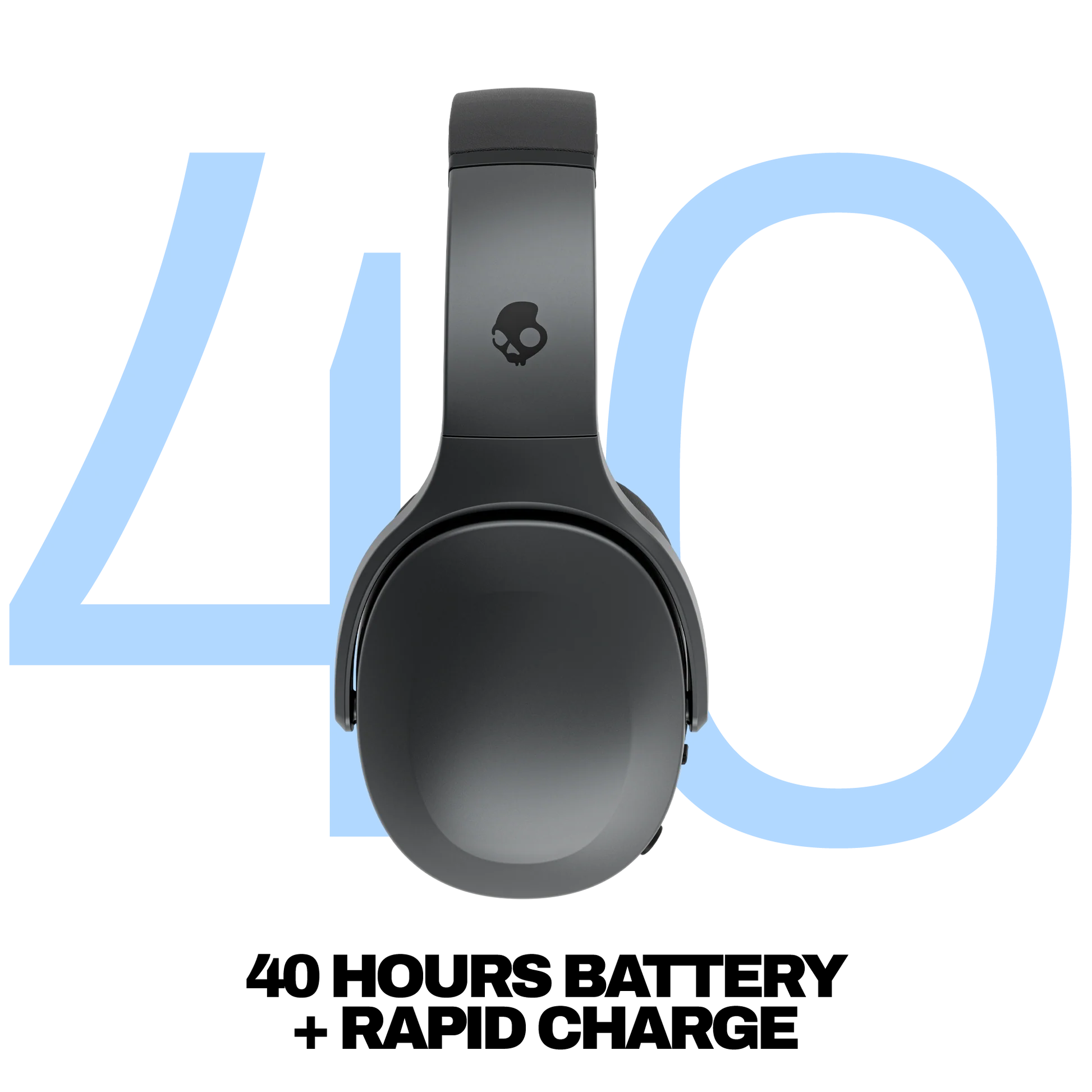 Cuffie nere centrate su sfondo nero. Il numero 40 è blu dietro le cuffie.