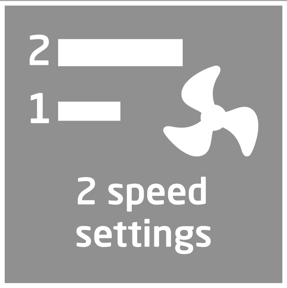 Graues Quadrat mit weißem Text und Symbolen. Zeigt 1 und 2 mit Balken, ein Fächersymbol und den Text '2 speed settings'.