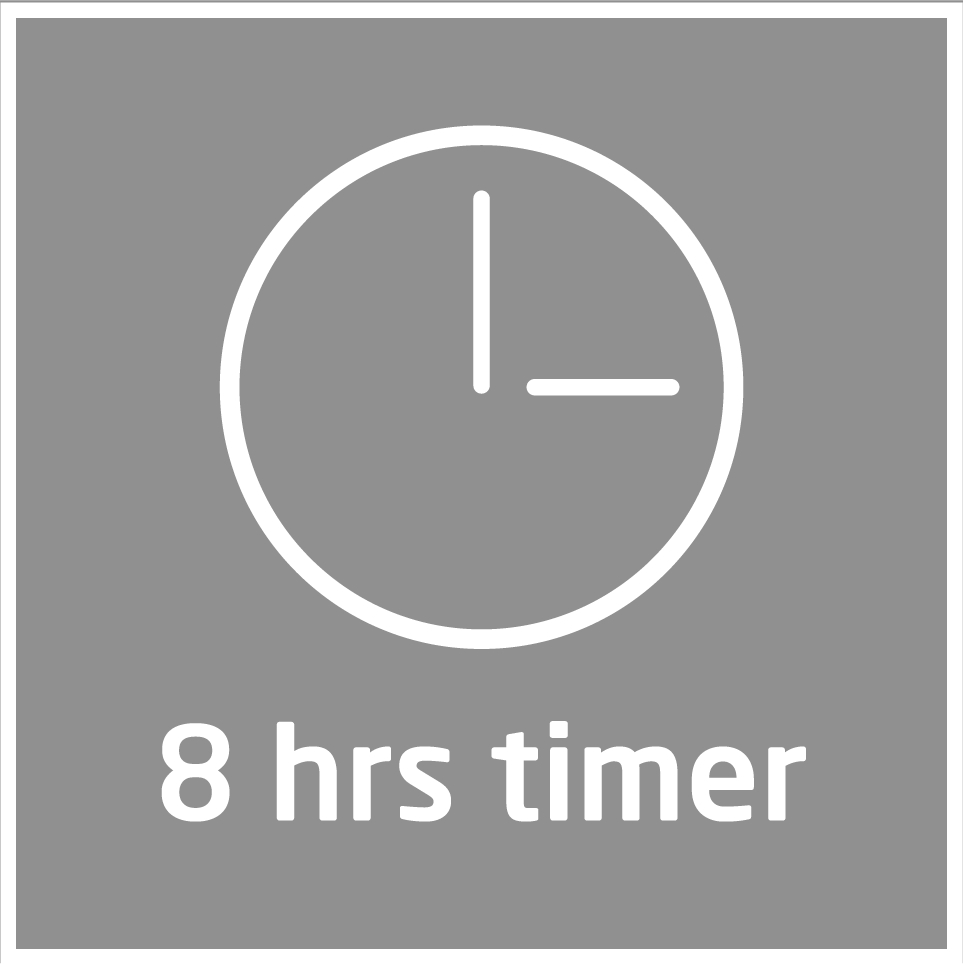 Ein graues Quadrat mit einer Uhrgrafik, die 8 Uhr anzeigt, und den Worten '8 hrs timer' darunter in Weiß.