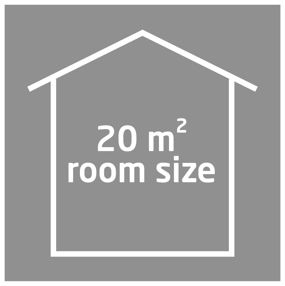 Hausumriss mit grauem Hintergrund. Der Text lautet innen: '20 m² Raumgröße' in Weiß.