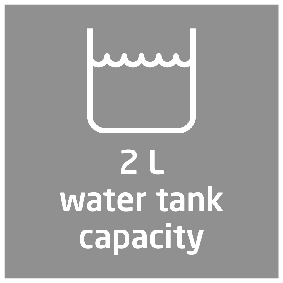Symbol auf grauem Hintergrund, das einen Wassertank mit 2L Kapazitätstext zeigt.
