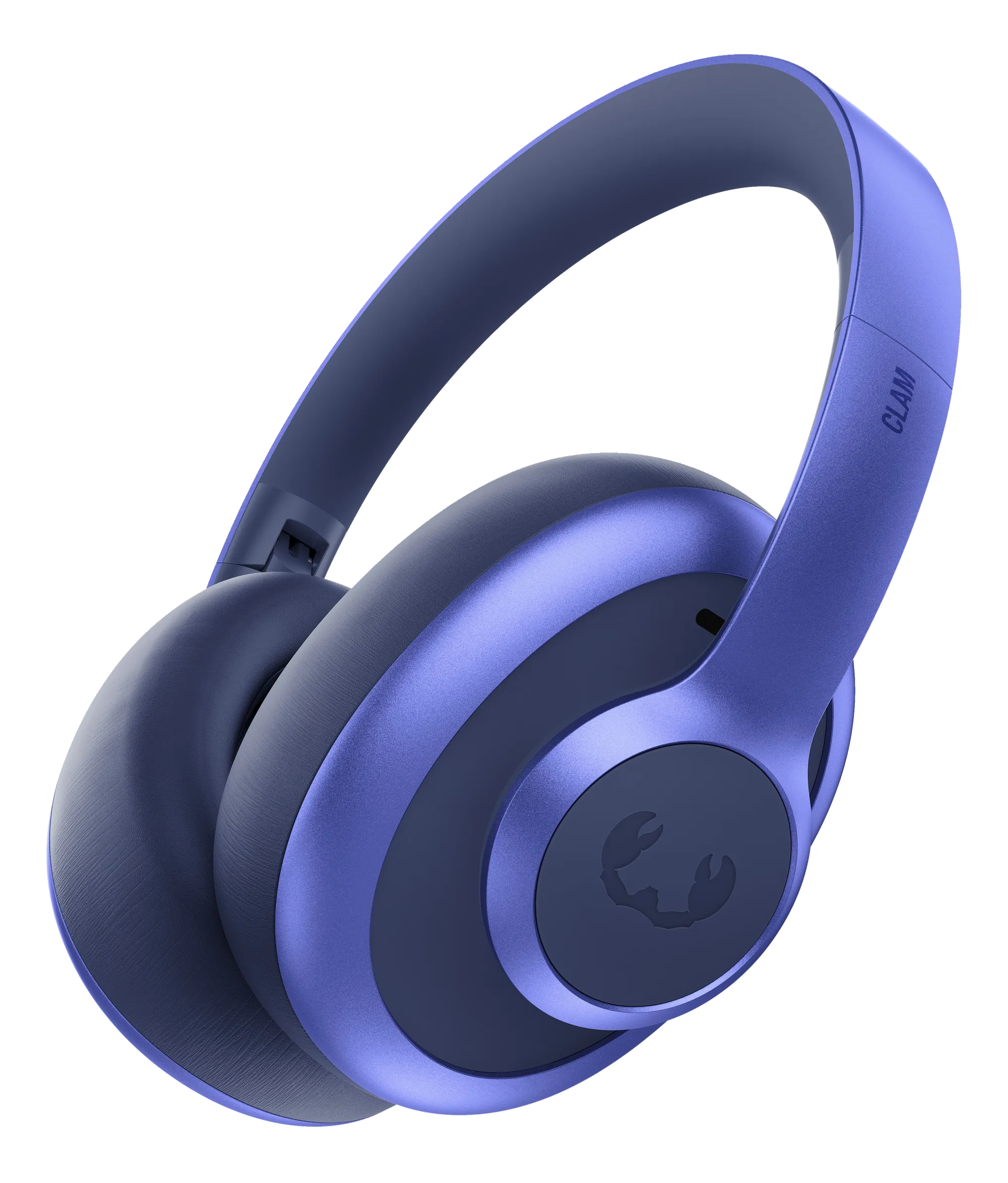 Cuffie blu con logo sul padiglione auricolare su sfondo nero. La parola CLAM è visibile.