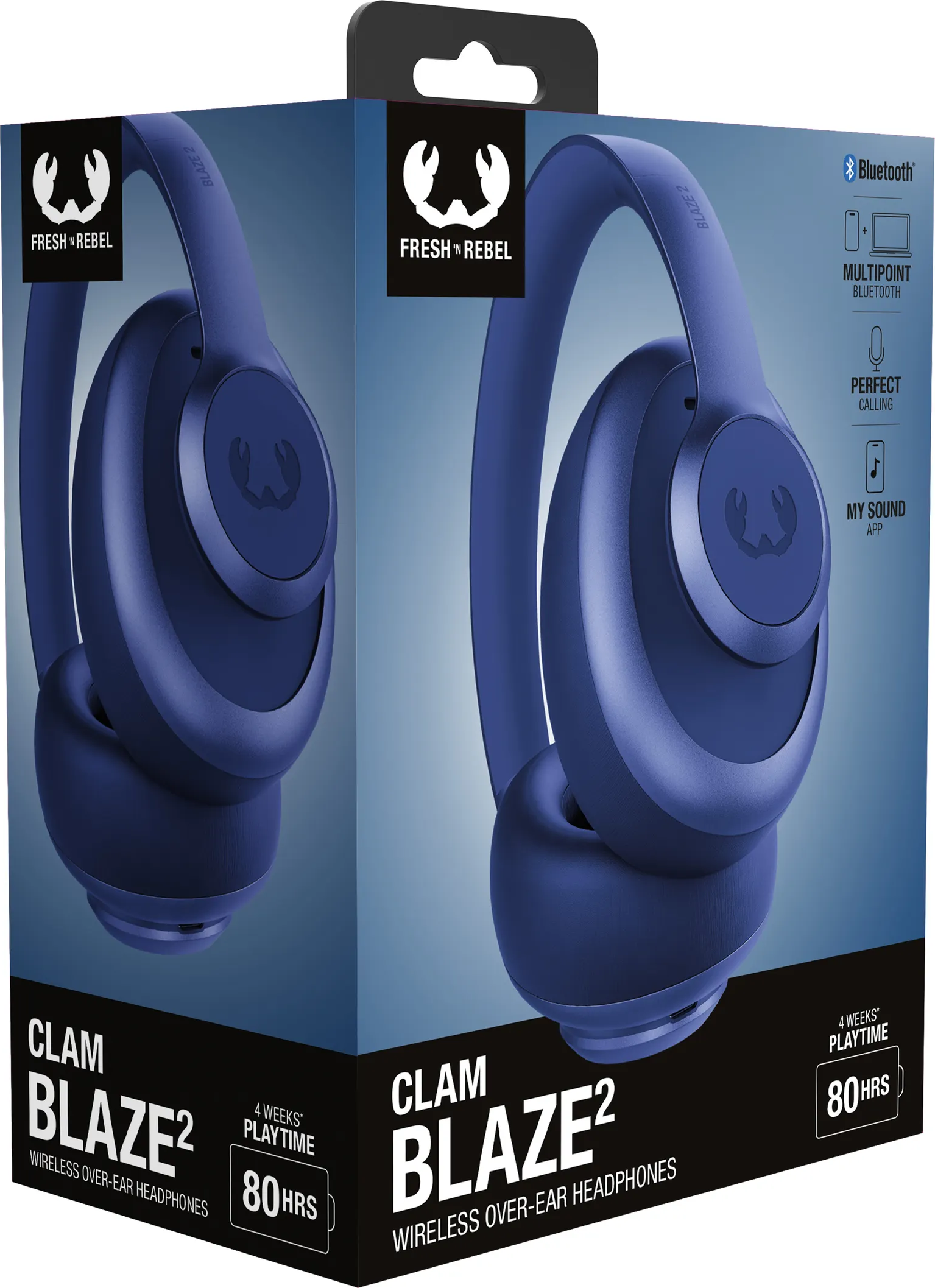 Scatola con cuffie blu, marca 'Fresh 'n Rebel', modello 'Clam Blaze 2'. Caratteristiche: Bluetooth, multipoint, chiamate perfette e app.