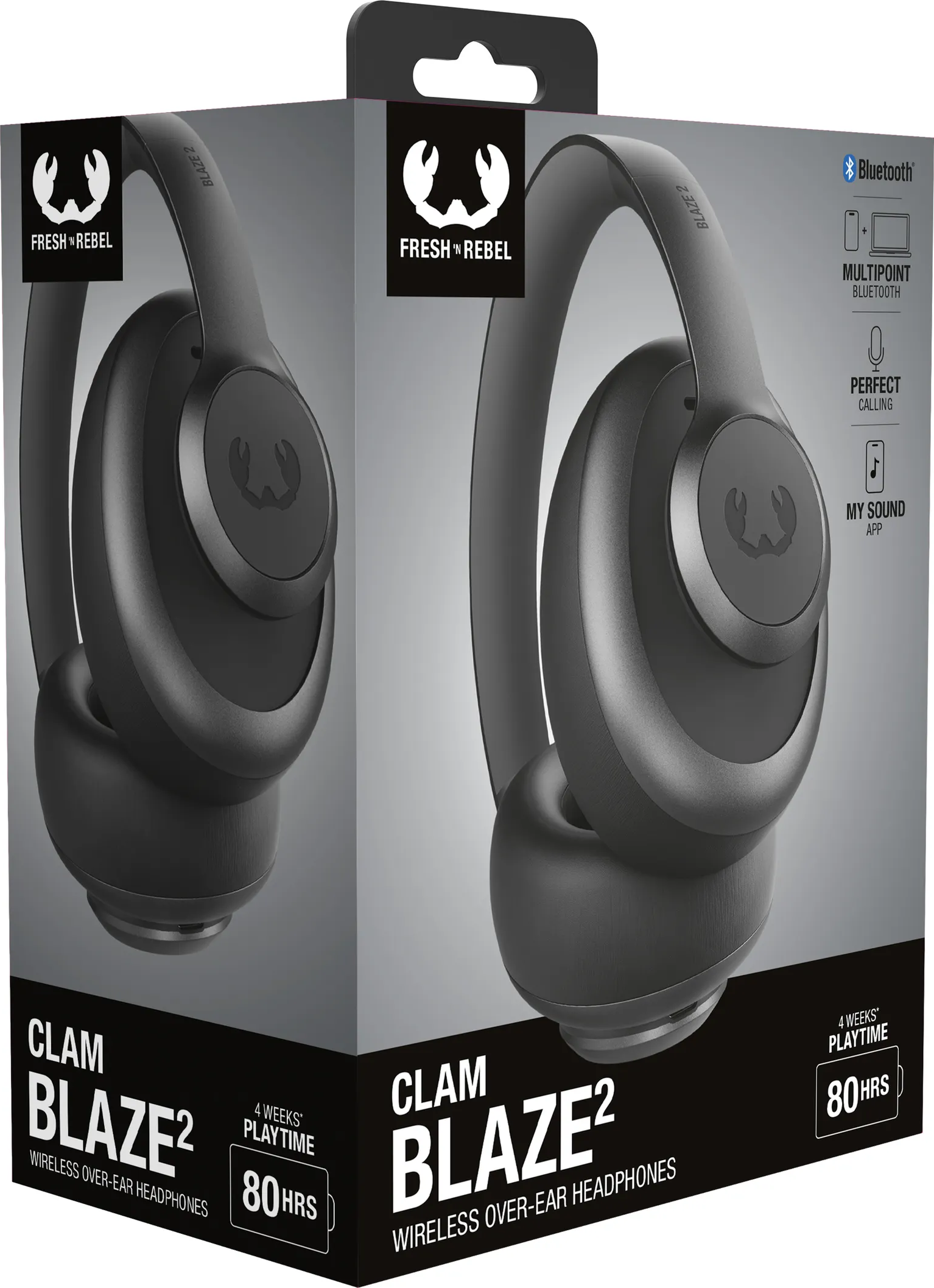 Cuffie nere Fresh 'n Rebel Clam Blaze 2 su una scatola. Caratteristiche: Bluetooth, chiamate perfette e 80 ore di riproduzione.