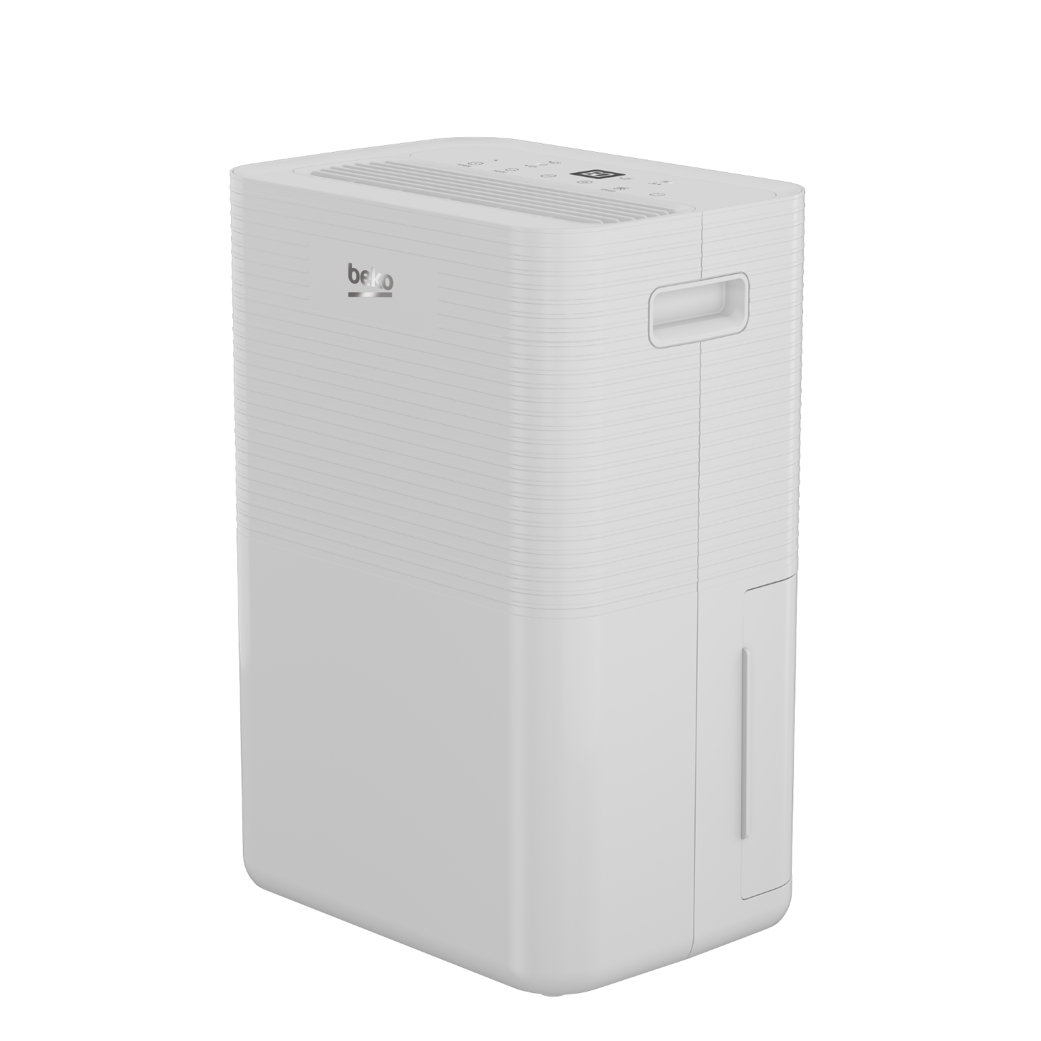 Un deshumidificador Beko blanco. Tiene un asa y un depósito de agua. El fondo es negro.