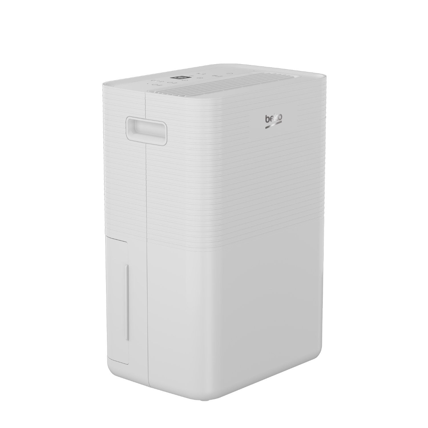 Un deshumidificador Beko blanco. Tiene un asa, un panel de control y un indicador de nivel de agua. El fondo es negro.