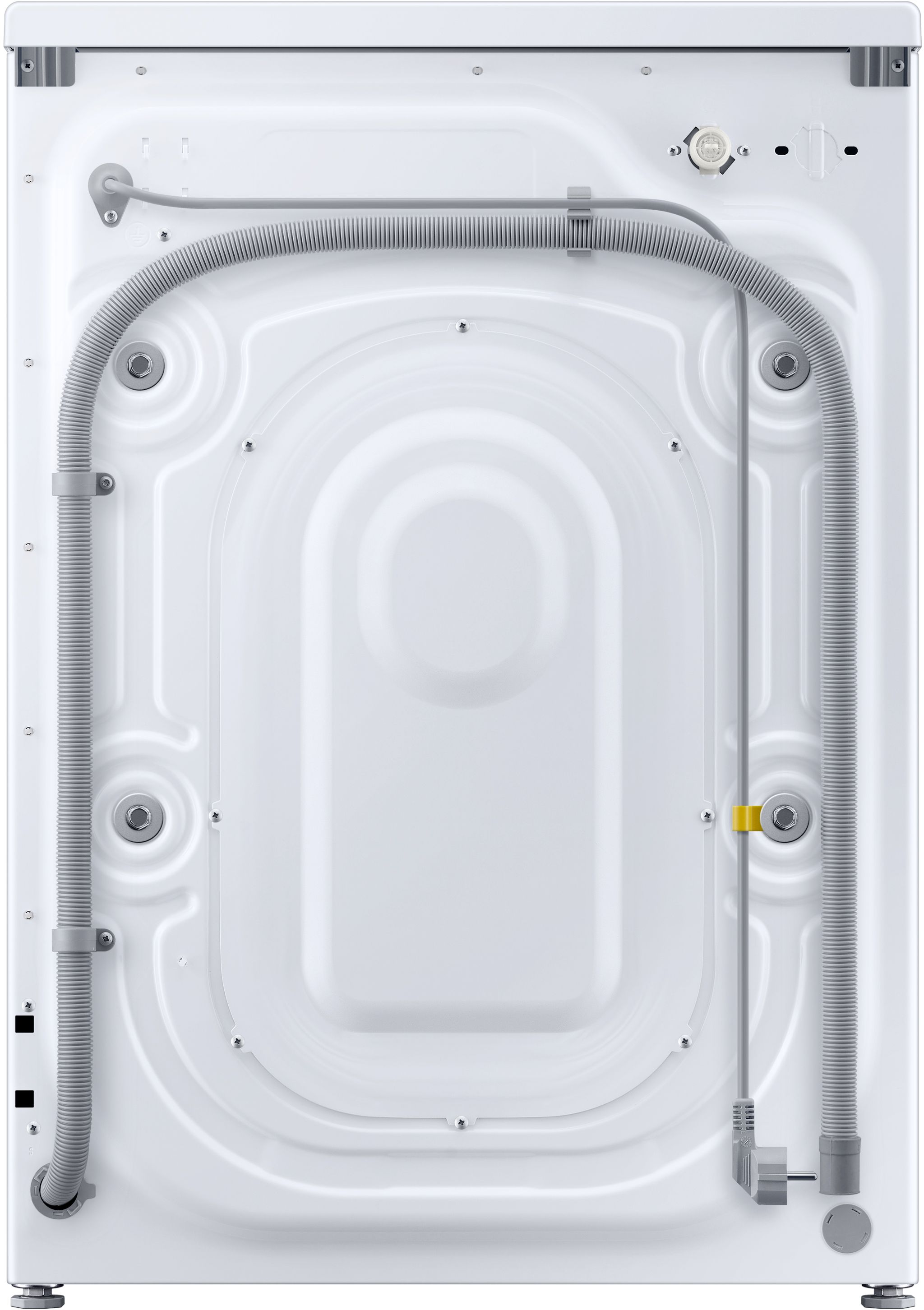Rückseite einer weißen Waschmaschine. Sie verfügt über einen Wasserschlauch, ein Netzkabel und mehrere Schrauben und Armaturen.