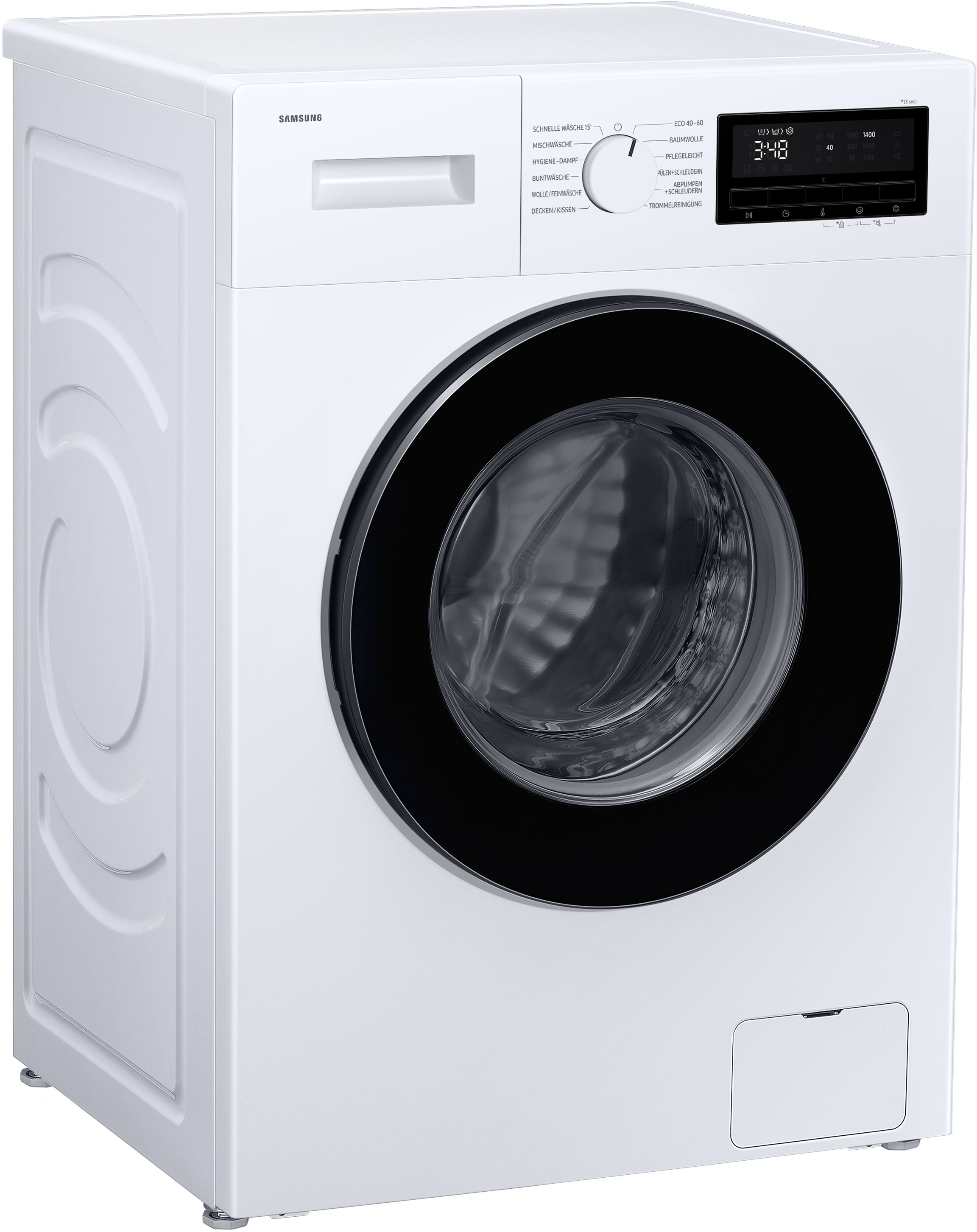 Eine weiße Samsung Waschmaschine. Sie hat eine schwarze Tür und eine Digitalanzeige.