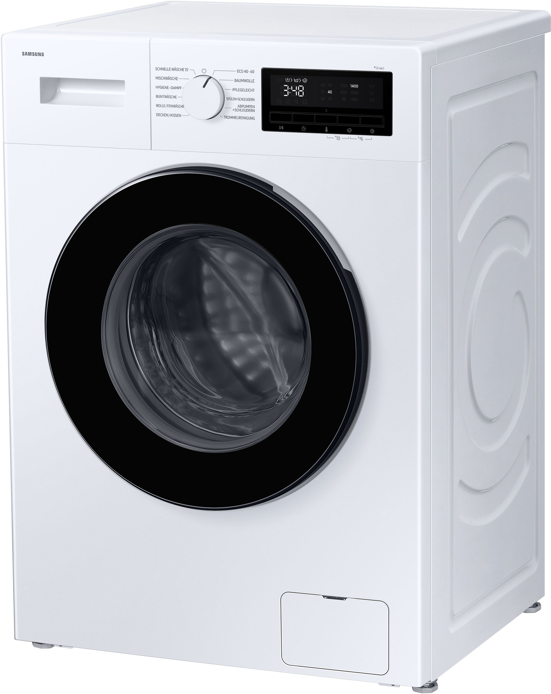 Eine weiße Samsung Waschmaschine mit schwarzer Tür. Sie hat ein digitales Display und verschiedene Waschoptionen.