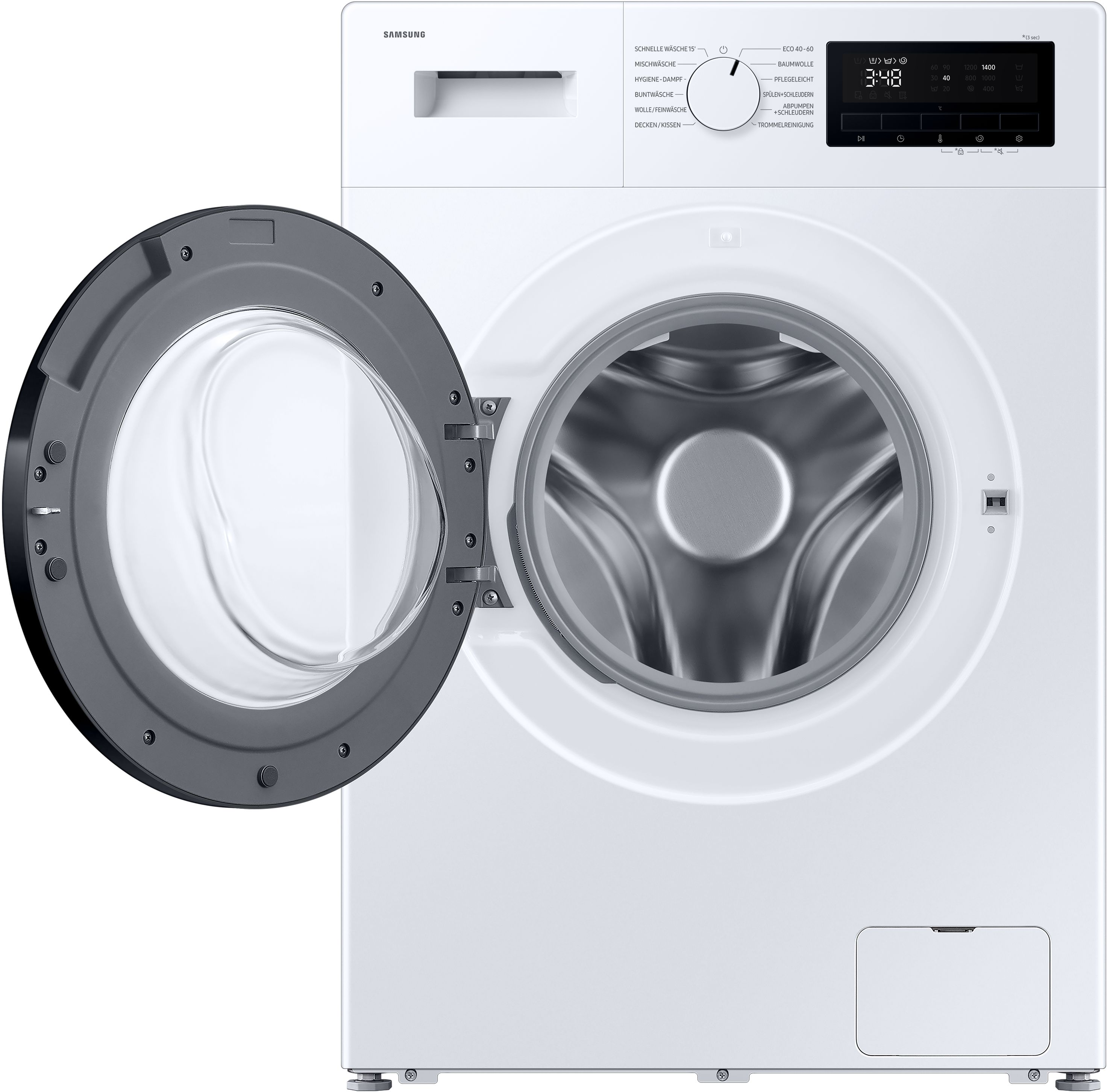 Eine weiße Samsung Waschmaschine mit geöffneter grauer Tür. Die Digitalanzeige zeigt 3:48.