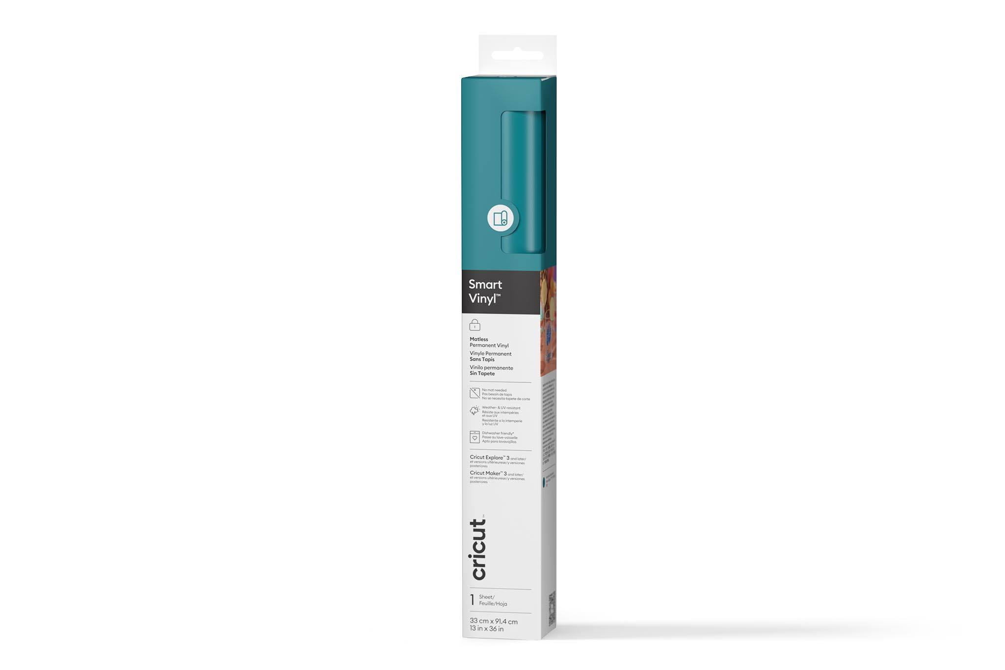 Eine teal Cricut Smart Vinyl-Verpackung. Sie enthält Produktdetails wie 'Smart Vinyl' und 'Permanent Vinyl'.