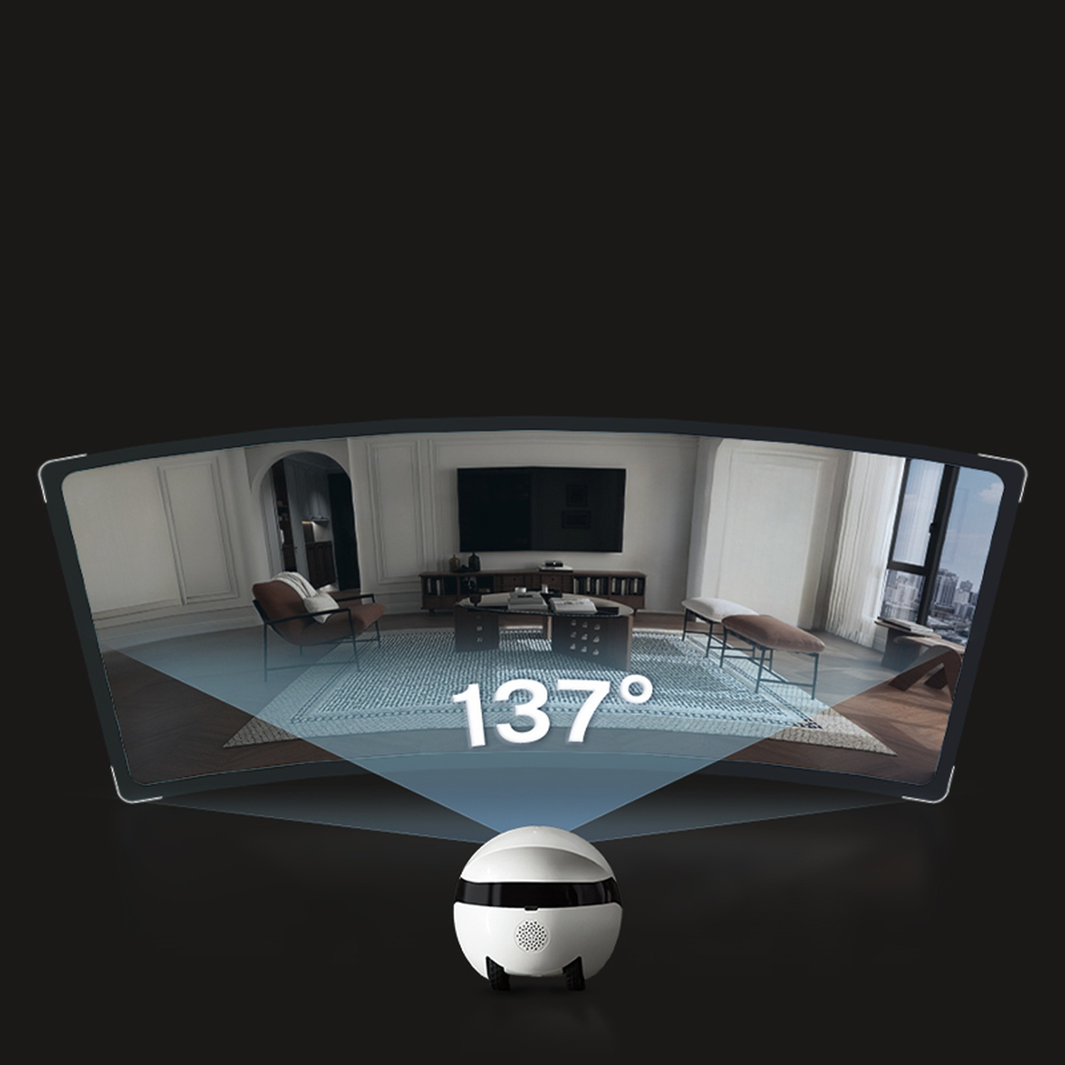 Un robot bianco mostra una vista a 137 gradi di un soggiorno con mobili, un tappeto e la vista della città.
