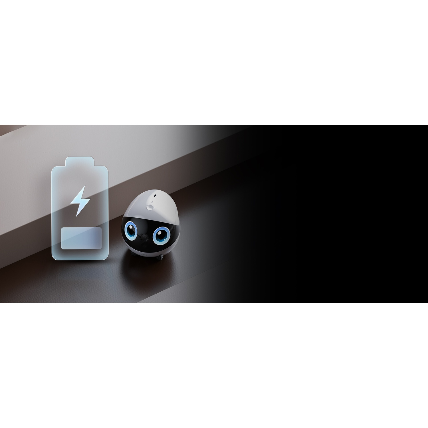 Un robot con occhi blu, un'icona della batteria e uno sfondo nero con sfumatura.