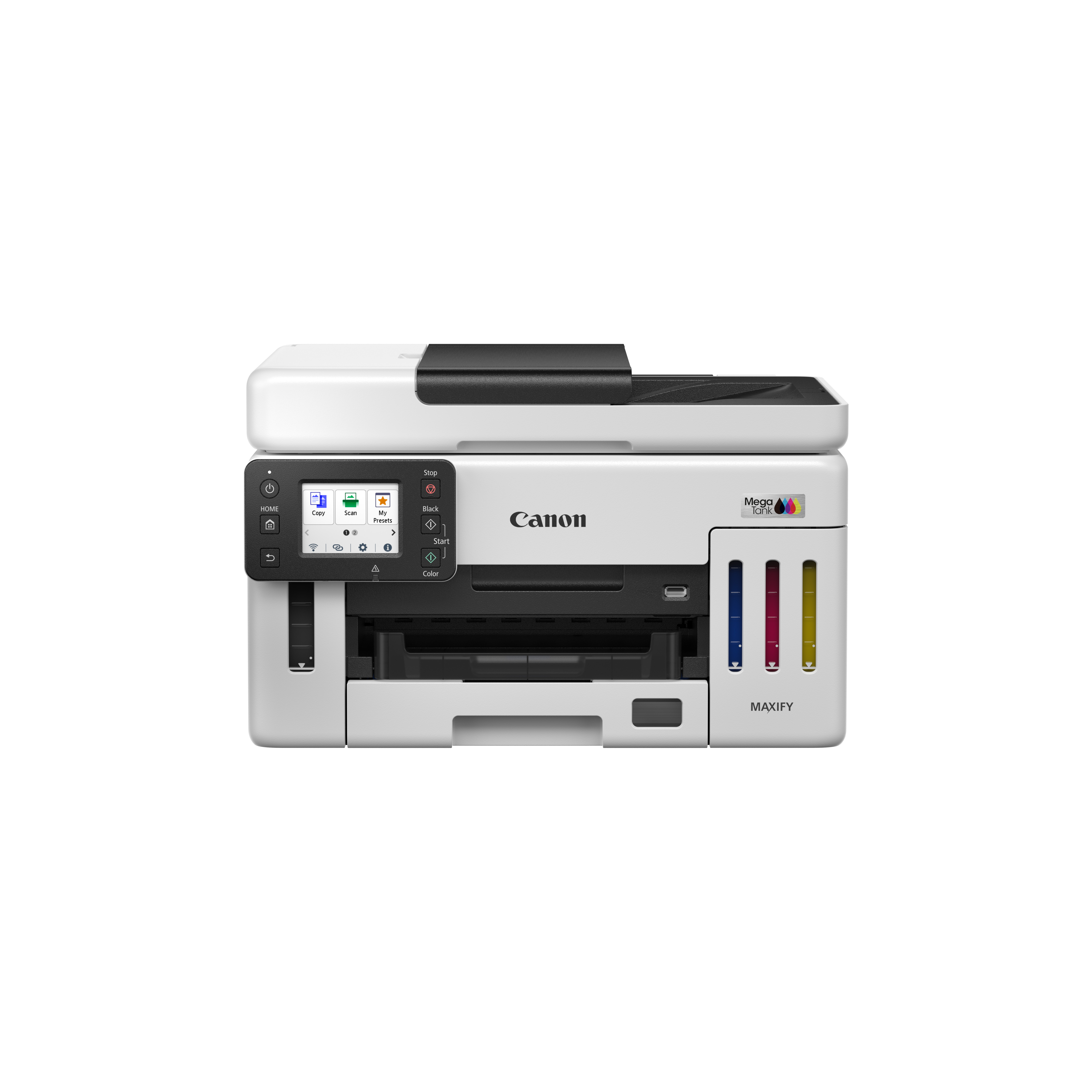 Ein weiß-schwarzer Canon MAXIFY-Drucker mit Tintenbehältern. Verfügt über einen Touchscreen, Tasten und Tintenstandsanzeigen.