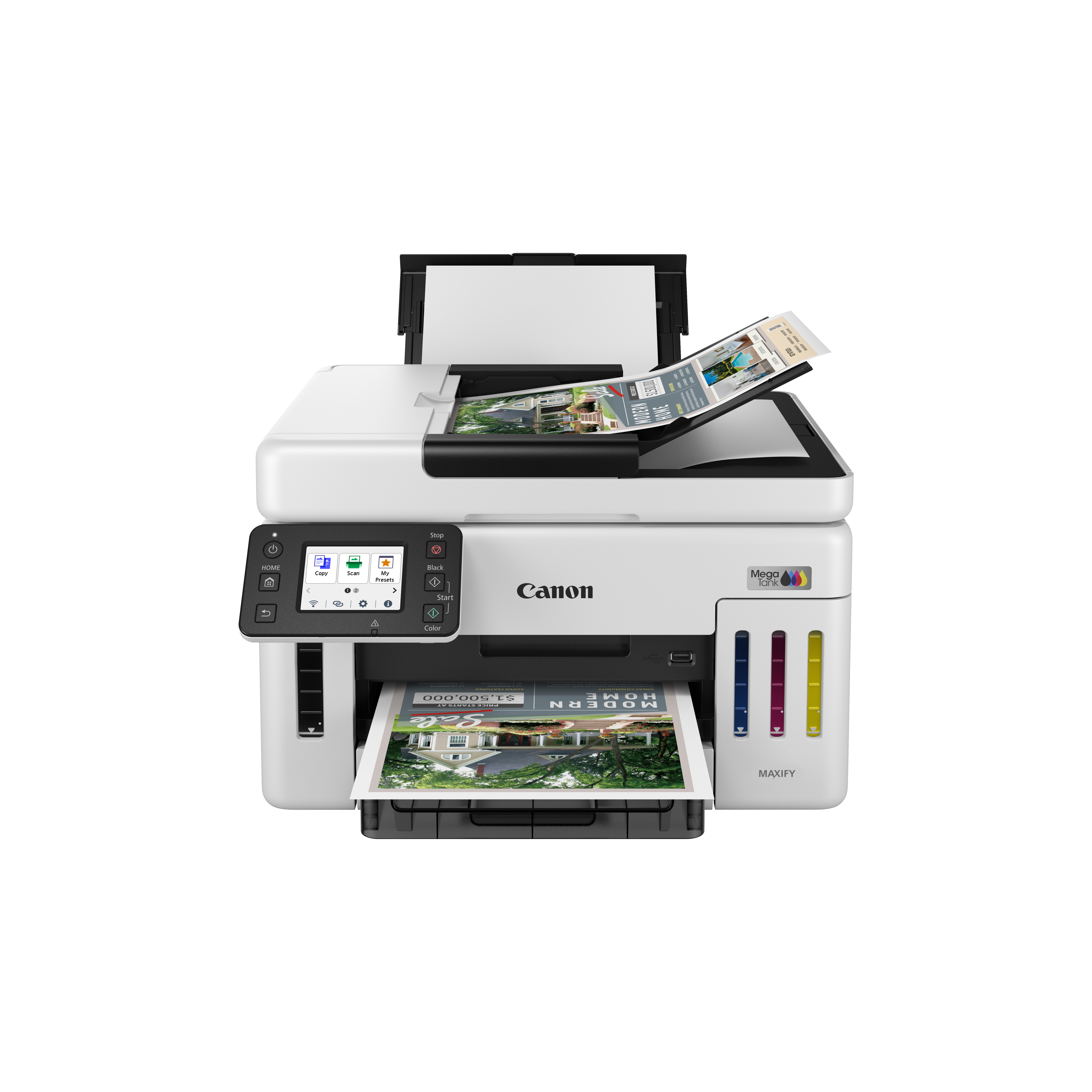 Ein weißer Canon Maxify-Drucker mit Papieren. Er hat einen Touchscreen und Tintenbehälter. Ein gedrucktes Papier kommt heraus.