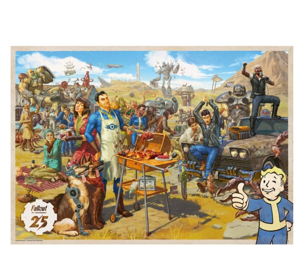 Grafika z okazji 25-lecia Fallout. Postacie przy grillu, pies, samochód i roboty. Vault Boy pokazuje kciuk w górę.