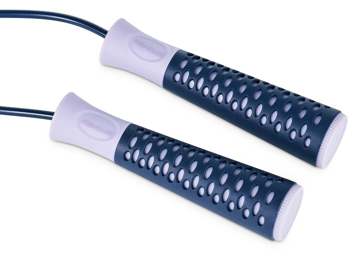 Dwa uchwyty do skakanki, granatowe z białymi uchwytami. Lina jest granatowa. Uchwyty są skierowane ku sobie.