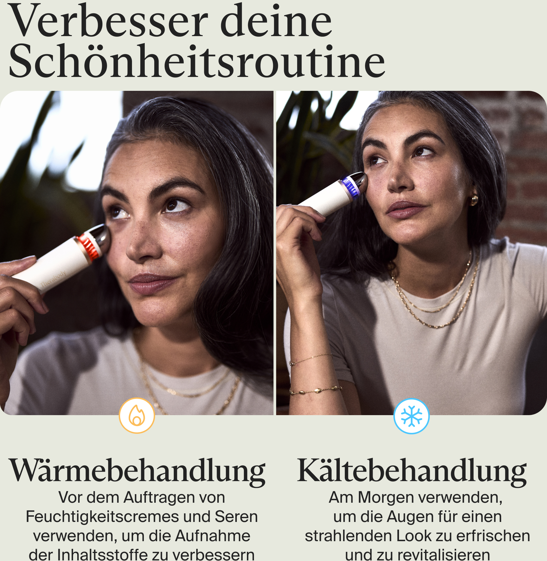 Das Bild zeigt eine Frau, die ein Schönheitsgerät auf ihrem Gesicht verwendet. Das Bild ist geteilt und zeigt Wärme- und Kältebehandlungen.