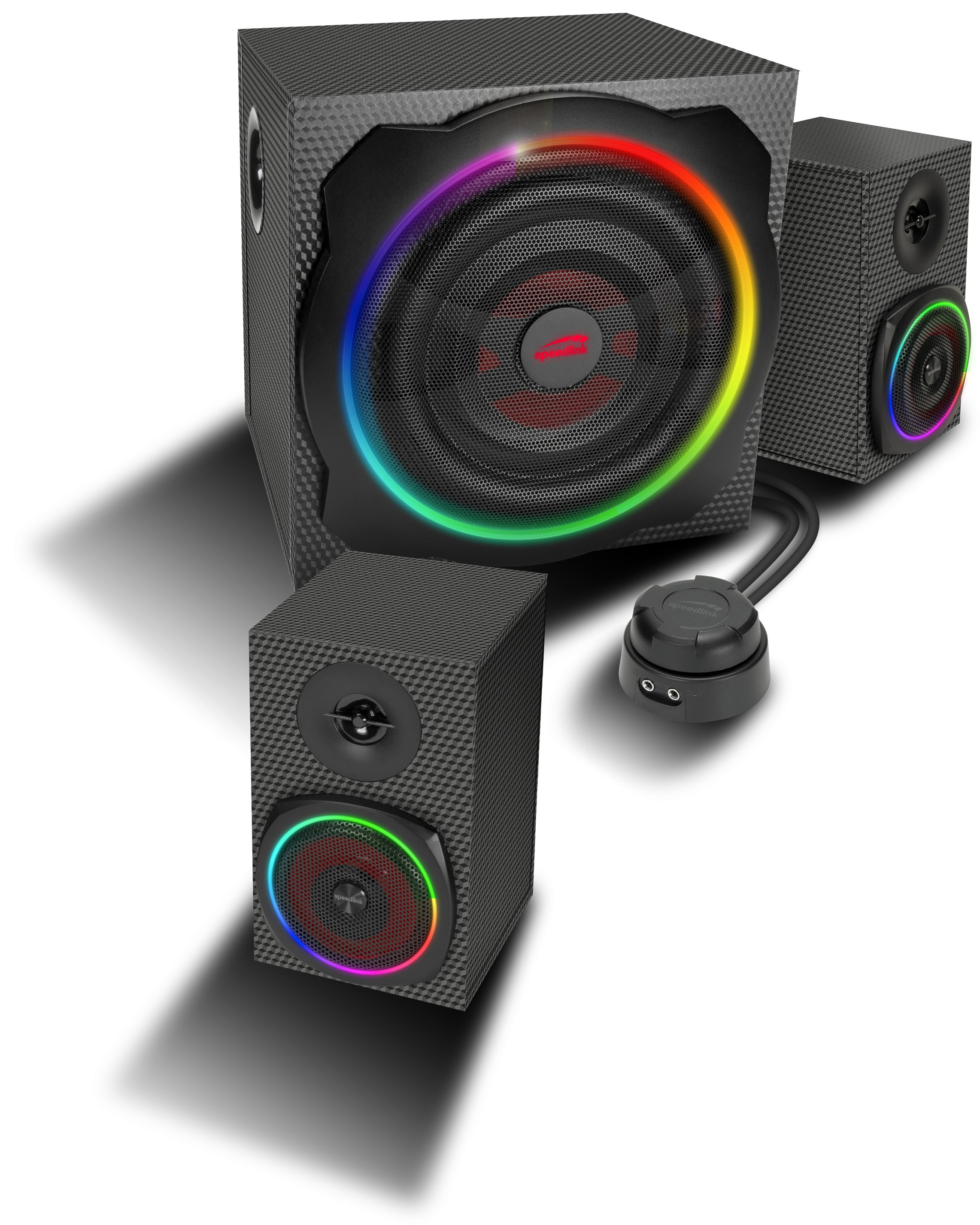 Drei Lautsprecher mit Regenbogenlicht. Die Lautsprecher sind schwarz mit strukturierter Oberfläche und ein Bedienfeld.