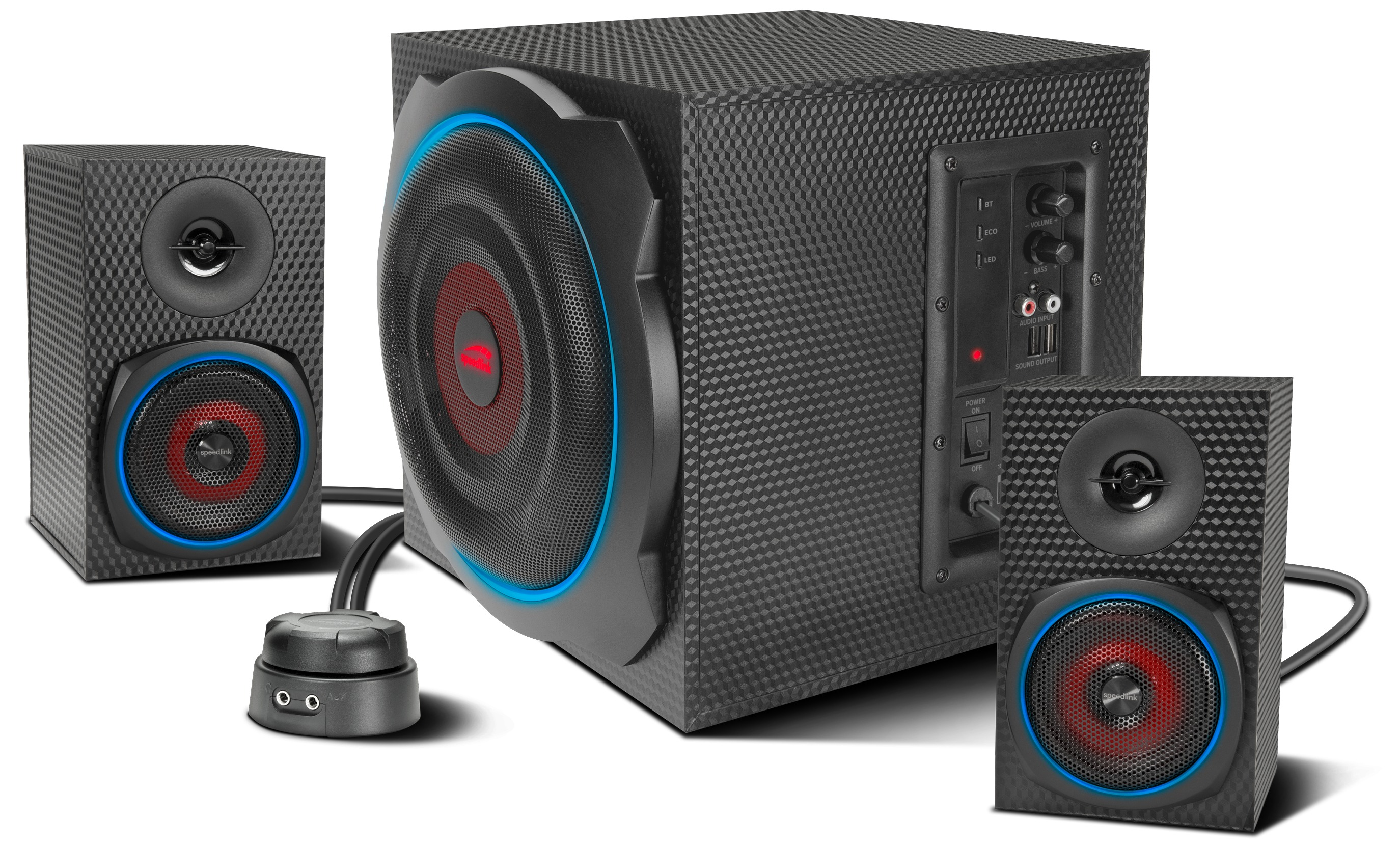 Ein schwarzes Lautsprechersystem mit Subwoofer und zwei Satellitenlautsprechern. Jeder Lautsprecher hat eine rote Mitte und blaue Verzierungen.