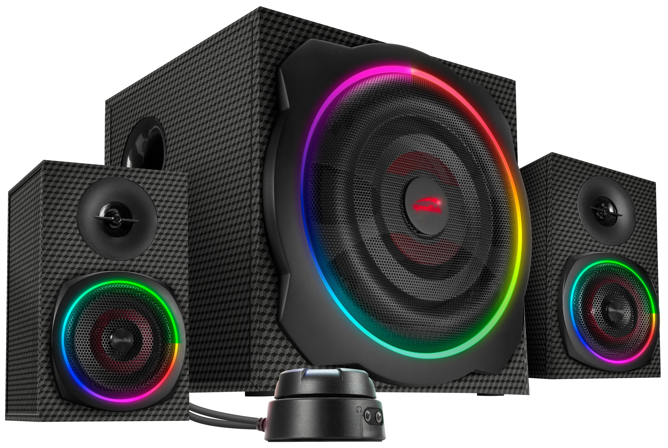 Ein schwarzes Lautsprechersystem mit drei Lautsprechern und einem Bedienknopf. Die Lautsprecher haben bunte LED-Lichter.
