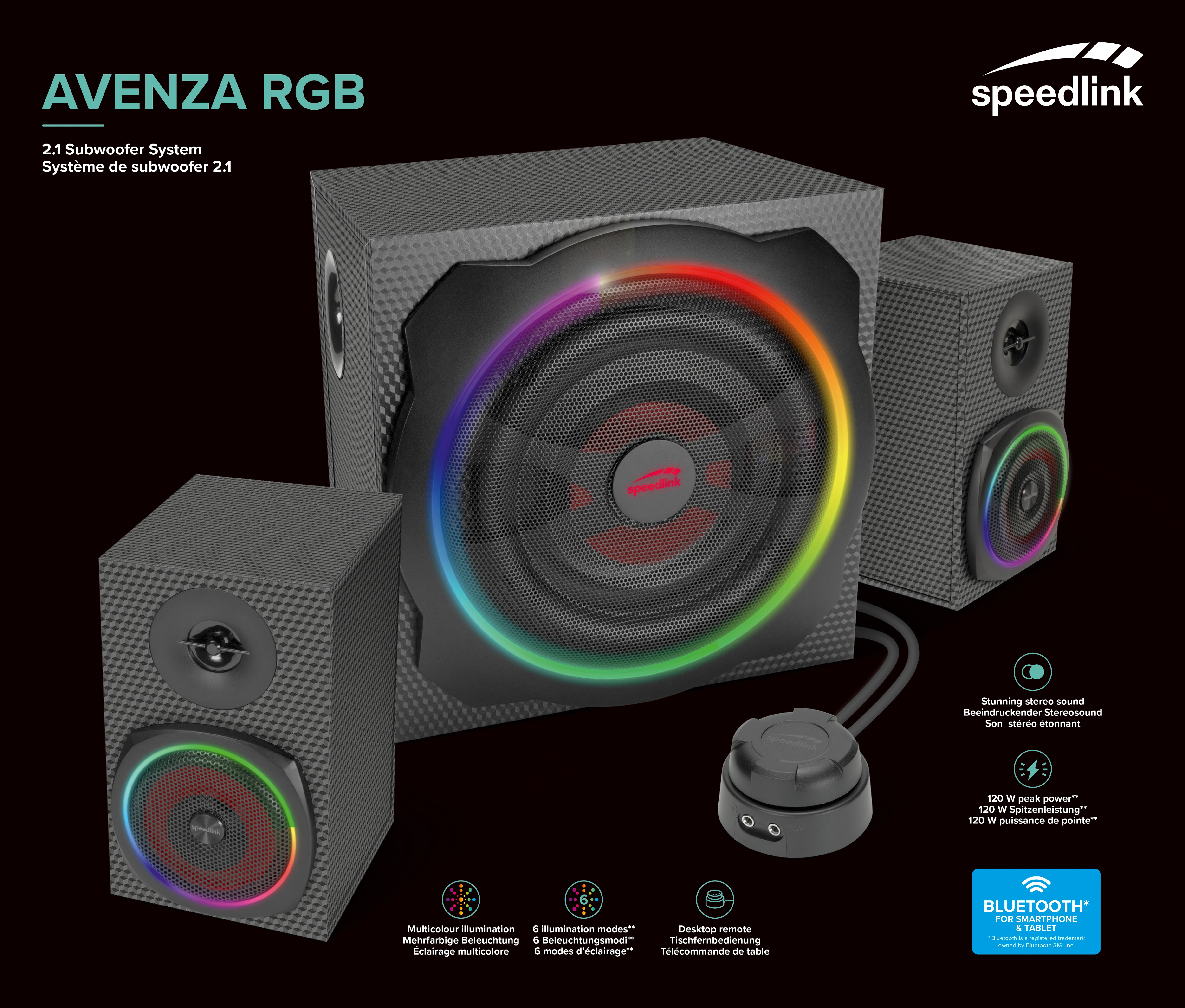 Ein Speedlink Avenza RGB 2.1 Subwoofer-System. Es hat drei Lautsprecher mit bunten Lichtern. Der Hintergrund ist schwarz.