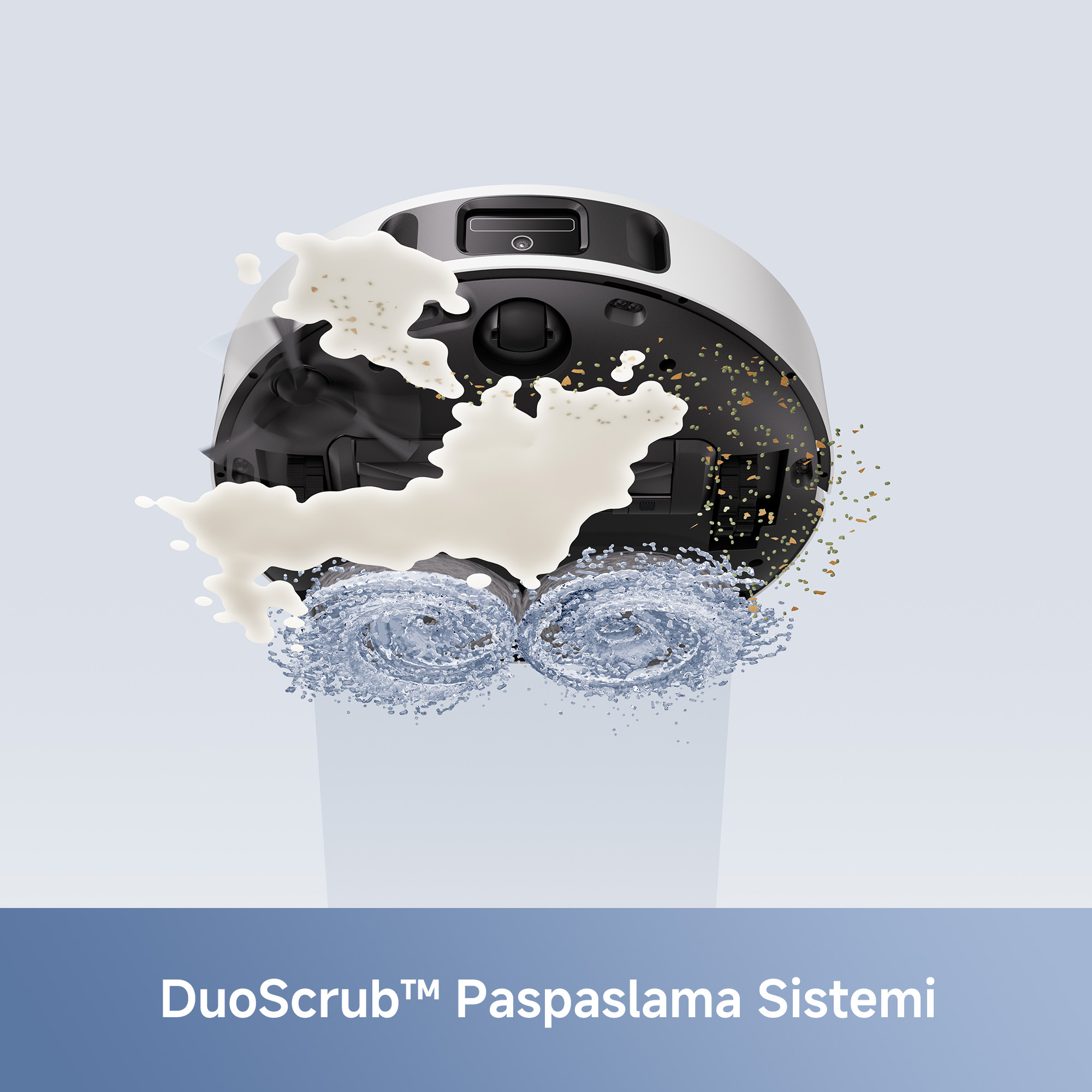 Temizleme sıvısı ve iki dönen fırçası olan bir robot süpürge. Alttaki metin DuoScrub™ Paspaslama Sistemi yazıyor.