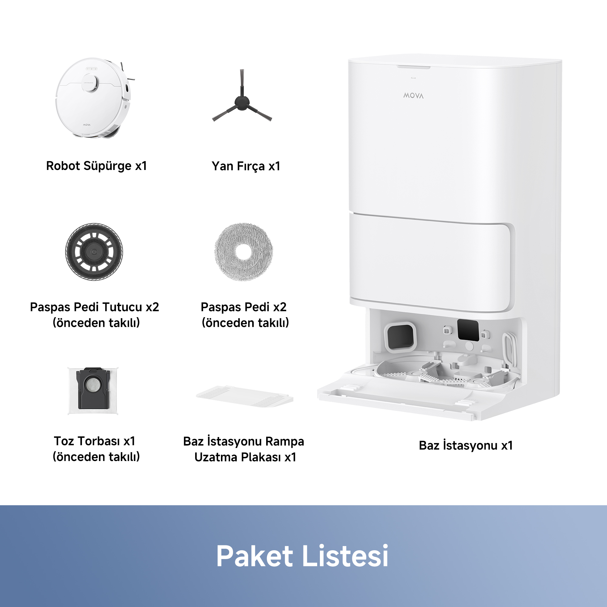 Beyaz robot süpürge parçaları: robot, yan fırça, tutucular, pedler, toz torbası, rampa, baz istasyonu. Paket listesi.