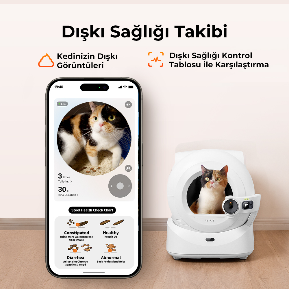 Akıllı bir kum kabında bir kedi. Telefon, kedinin sağlık verilerini gösteriyor. Metin 'Dışkı Sağlığı Kontrol Tablosu'nu içerir.