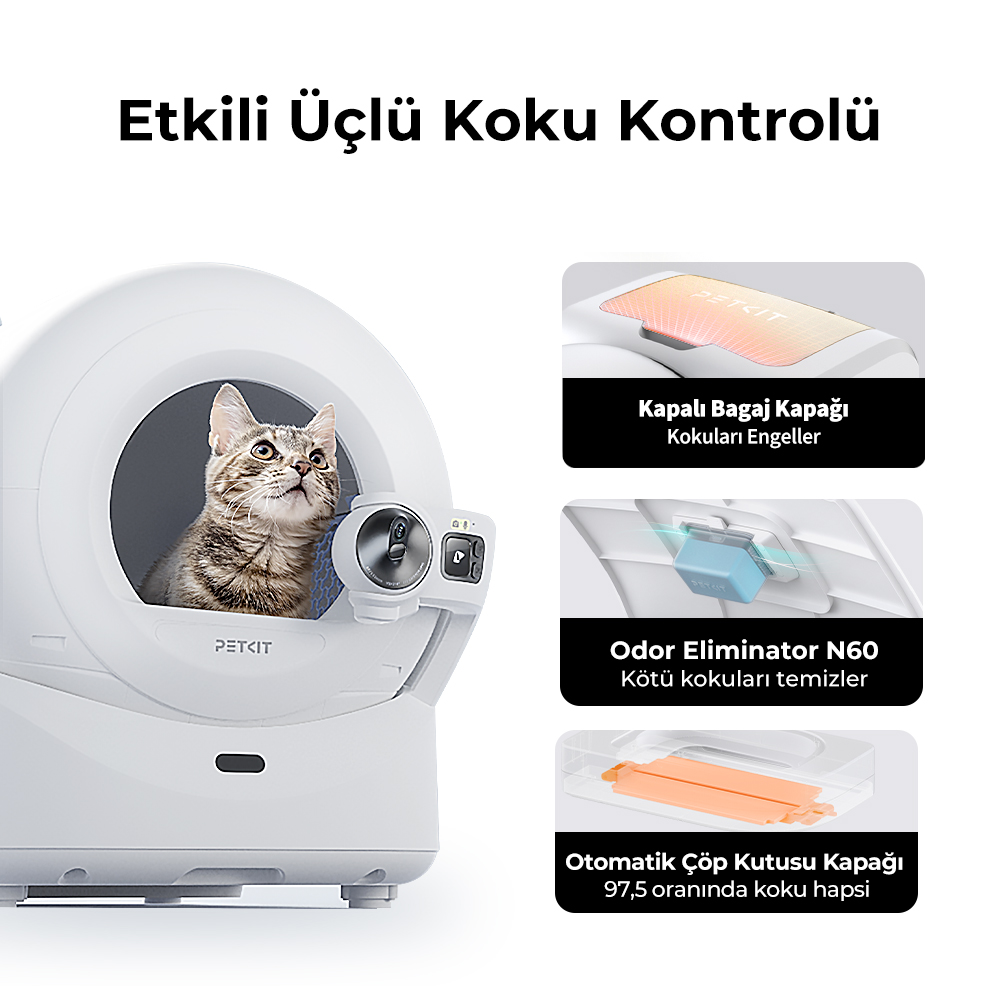 Bir kedi, beyaz bir PETKIT kendi kendini temizleyen kedi tuvaletinde oturuyor. Görüntü, koku kontrolü ve otomatik atık bertarafı gibi özellikleri gösteriyor.