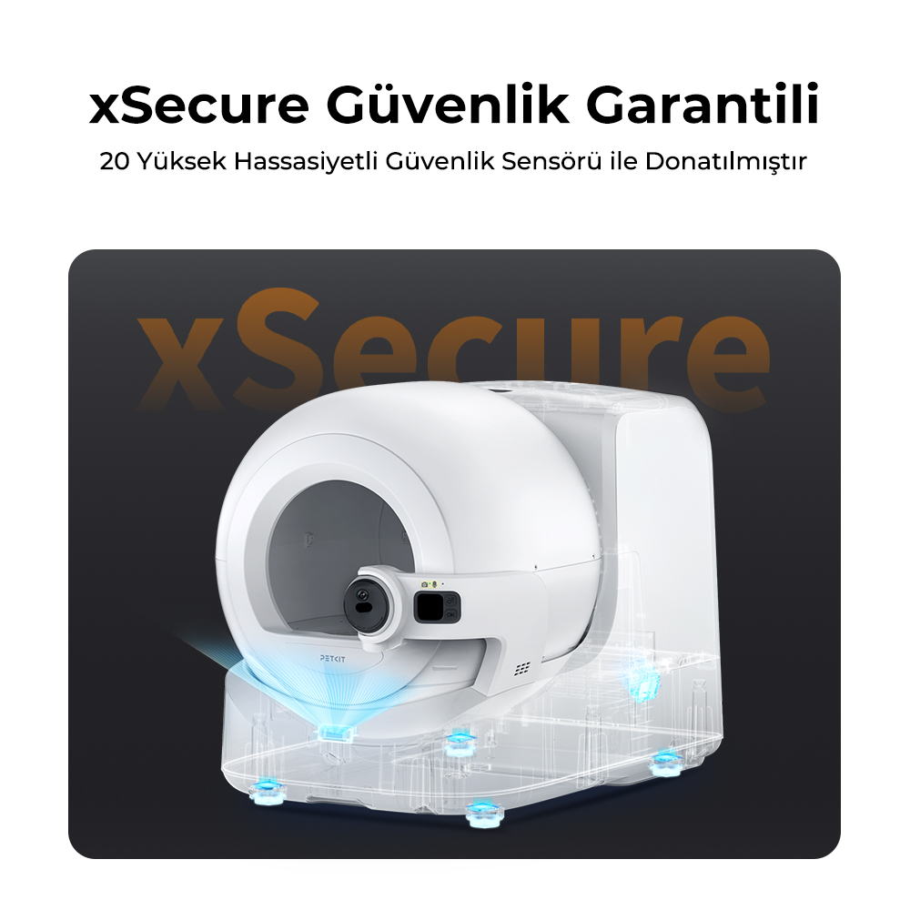 'xSecure' ve 'PETKIT' yazılı beyaz, otomatik bir Petkit kedi tuvaleti. Şeffaf bir tabana ve mavi ışık efektlerine sahip.