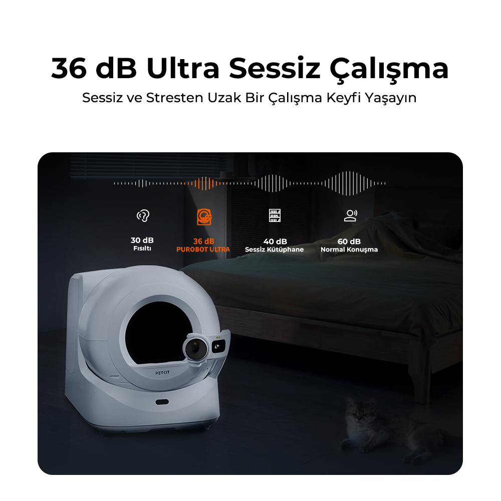 Görsel, 36 dB gürültü seviyesine sahip 'PUROBOT ULTRA' etiketli bir kedi tuvaletini gösteriyor. Bir kedi ön planda, yatak odası arka planı.