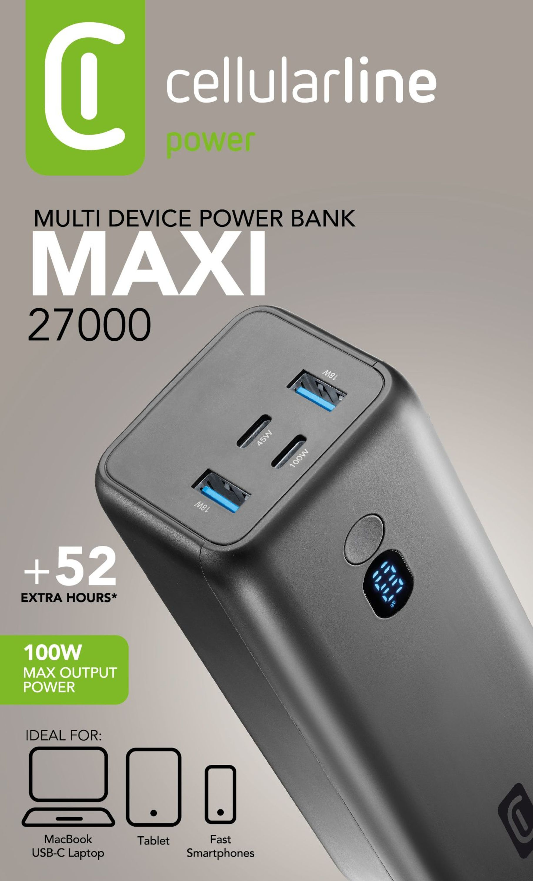 Mavi bağlantı noktalarına, ekranlara ve metne sahip siyah bir güç bankası. Multi Device Power Bank MAXI 27000, 100W çıkış.