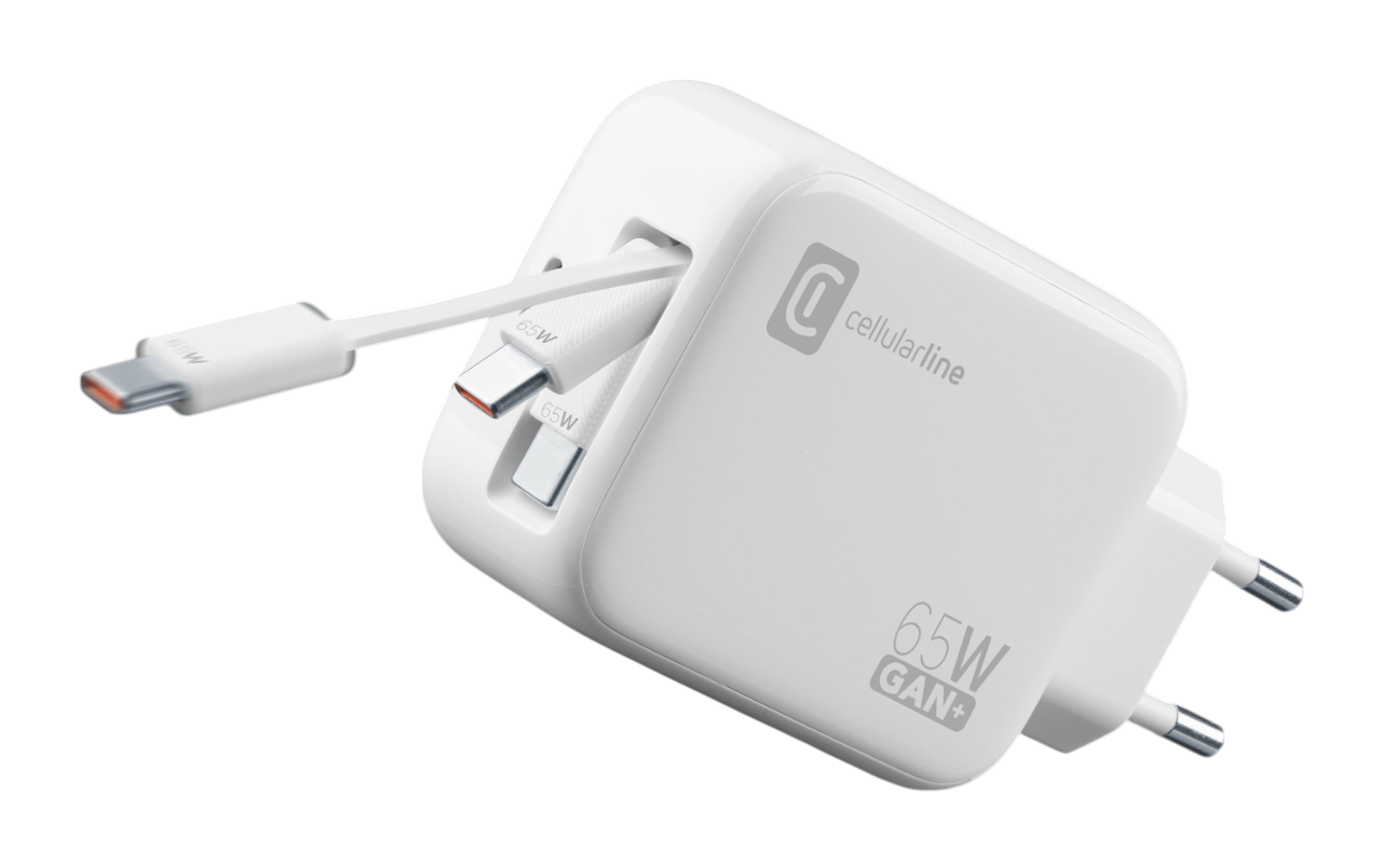İki USB-C bağlantı noktasına ve beyaz bir USB-C kablosuna sahip beyaz Cellularline 65W GAN+ şarj cihazı.