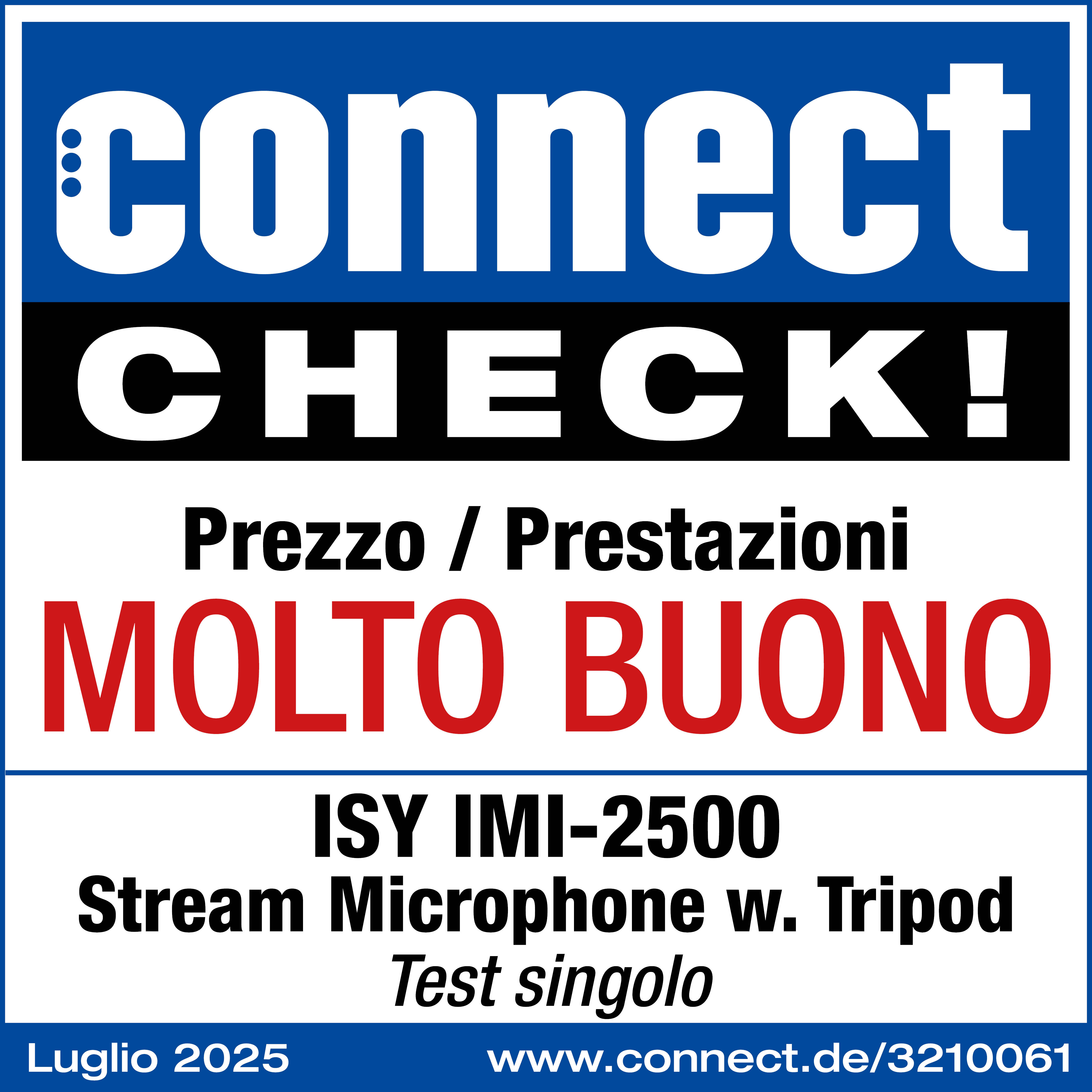 Affiche : 'connect CHECK!' avec texte italien, détails du micro et site web. Couleurs : bleu, blanc, noir et rouge.