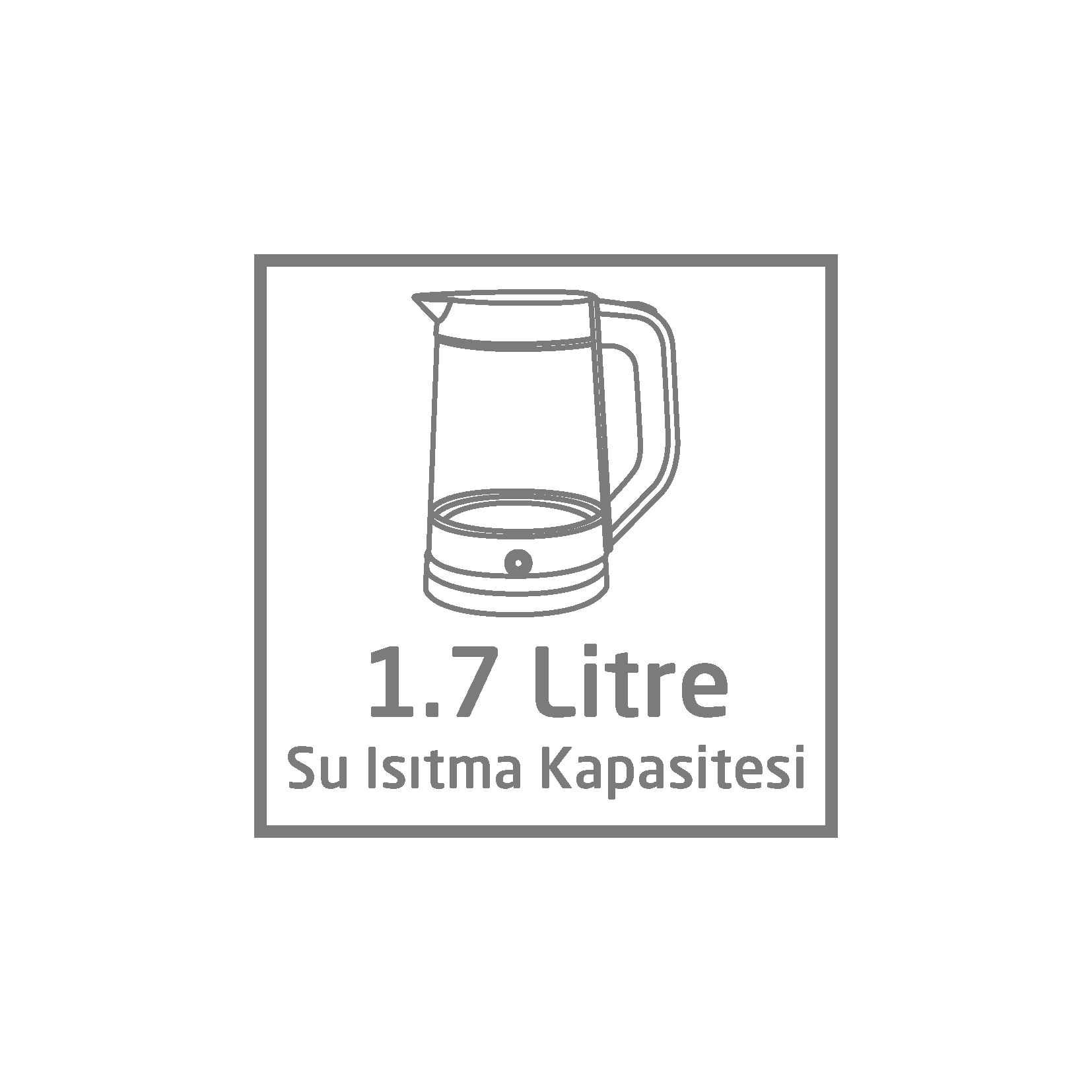 Gri renkte, cam bir su ısıtıcısının, 1.7 Litre Su Isıtma Kapasitesi yazısı ile görüntüsü.