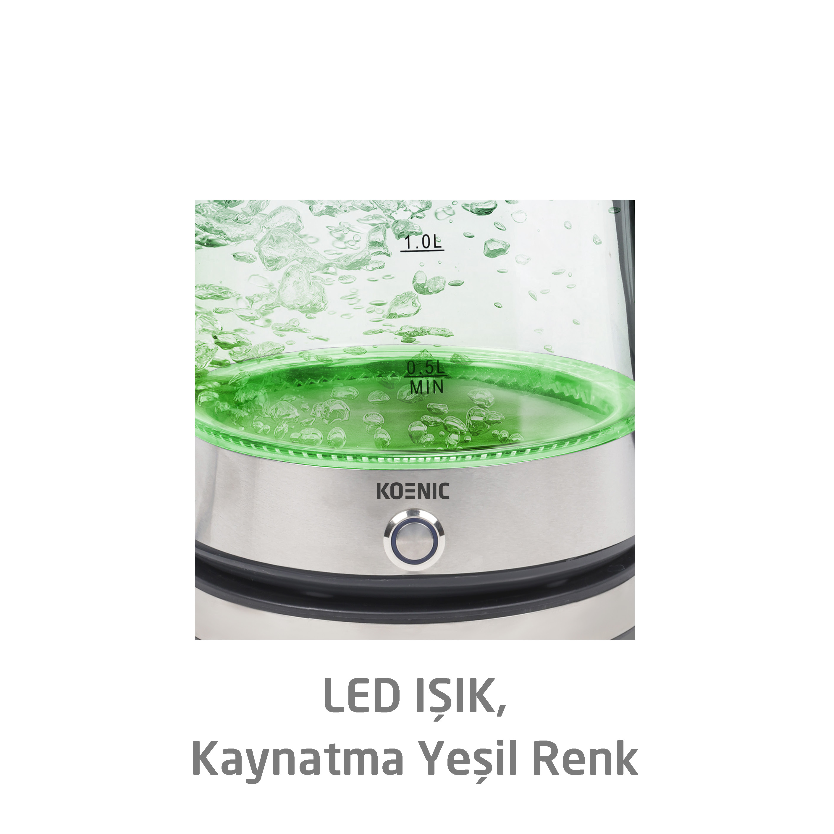 Yeşil ışıklı elektrikli su ısıtıcısı. Su kaynıyor. Marka KOENIC.