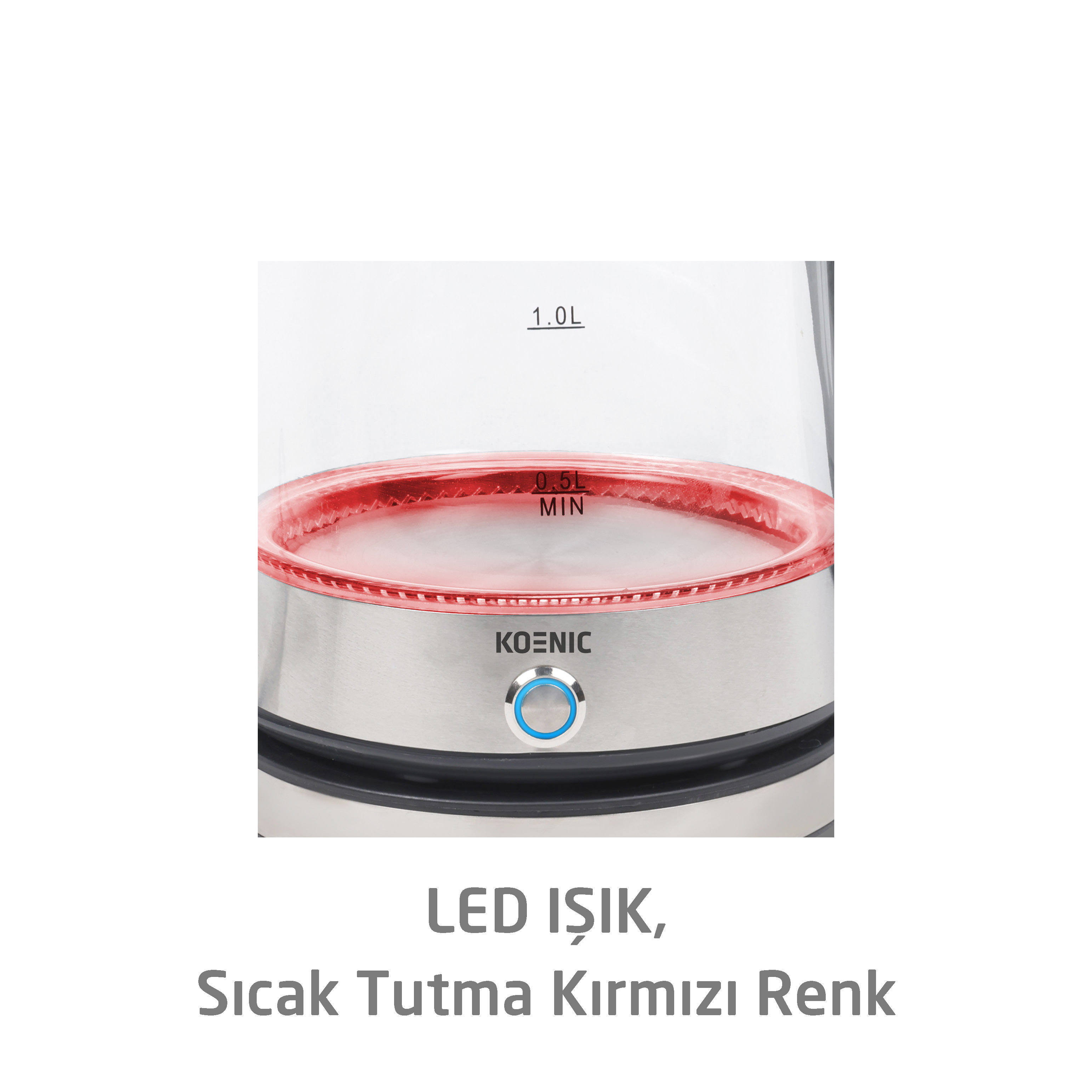 Kırmızı ışık halkası, su seviyesi ve marka adı olan elektrikli su ısıtıcısı. Mavi güç düğmesi.