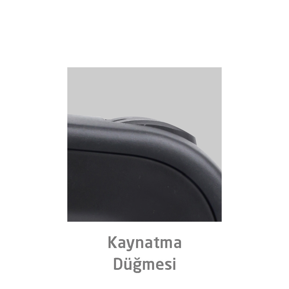 Kavisli yüzeye ve düğmeye sahip siyah bir nesnenin yakın çekimi. Arka plan açık gri. Altındaki metin: 'Kaynatma Düğmesi'.