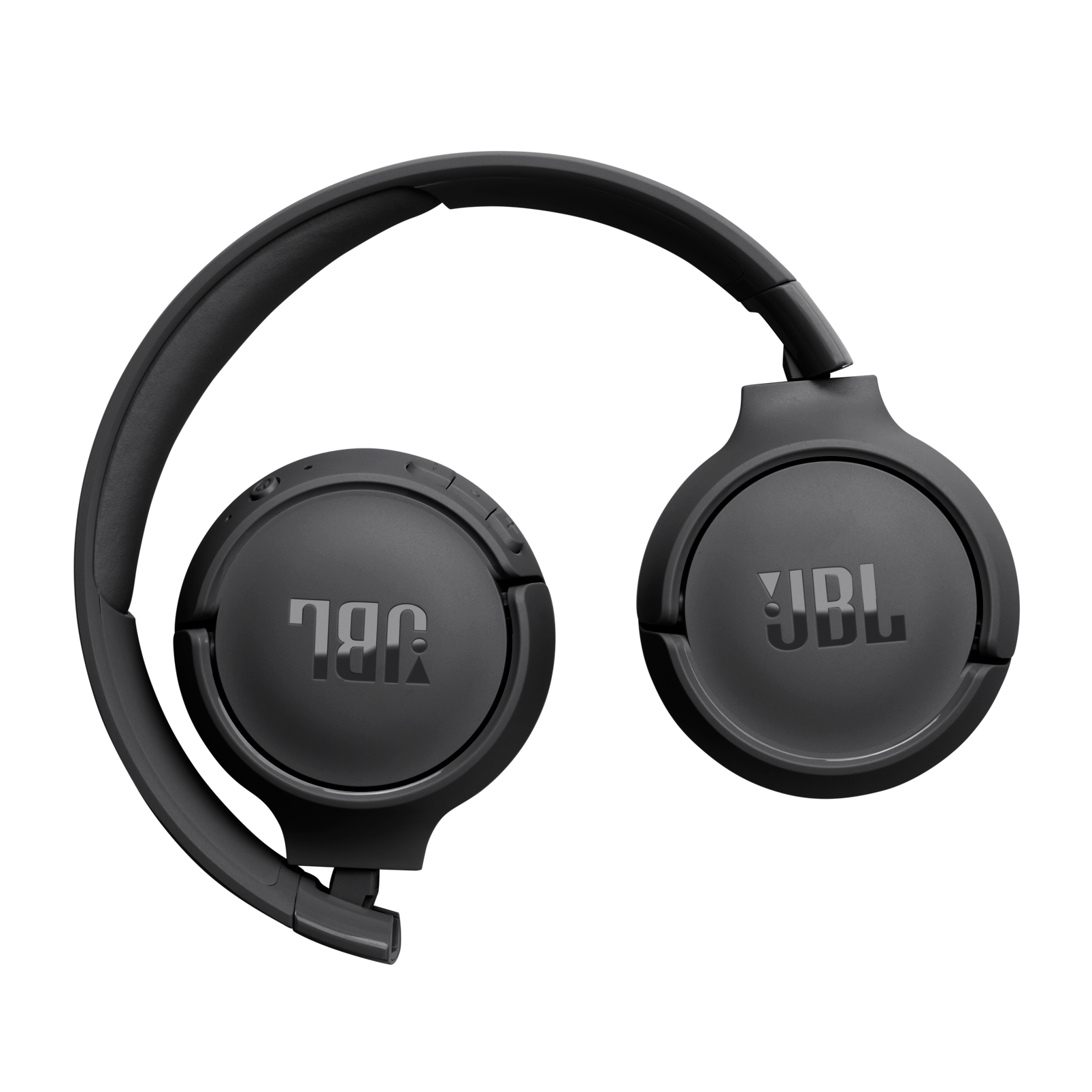 Siyah JBL kulaklık gri bir yüzeyde katlanmış. JBL logosu her iki kulaklıkta da görülebilir.