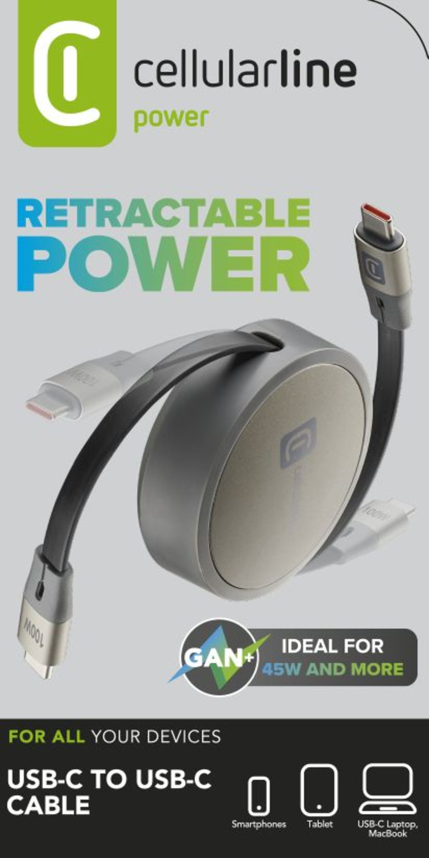 Görsel, geri çekilebilir bir USB-C kablosunu gösteriyor. Gri ve siyah renkte, Cellularline logosuyla. Metin 'Retractable Power' diyor.
