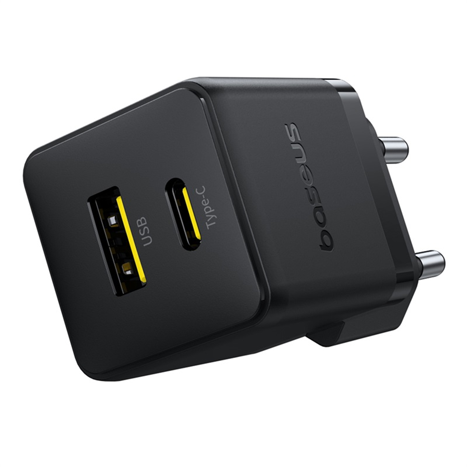 Un cargador Baseus negro, con puertos USB y Tipo-C. Clavijas plateadas. El logotipo es visible en el lateral.