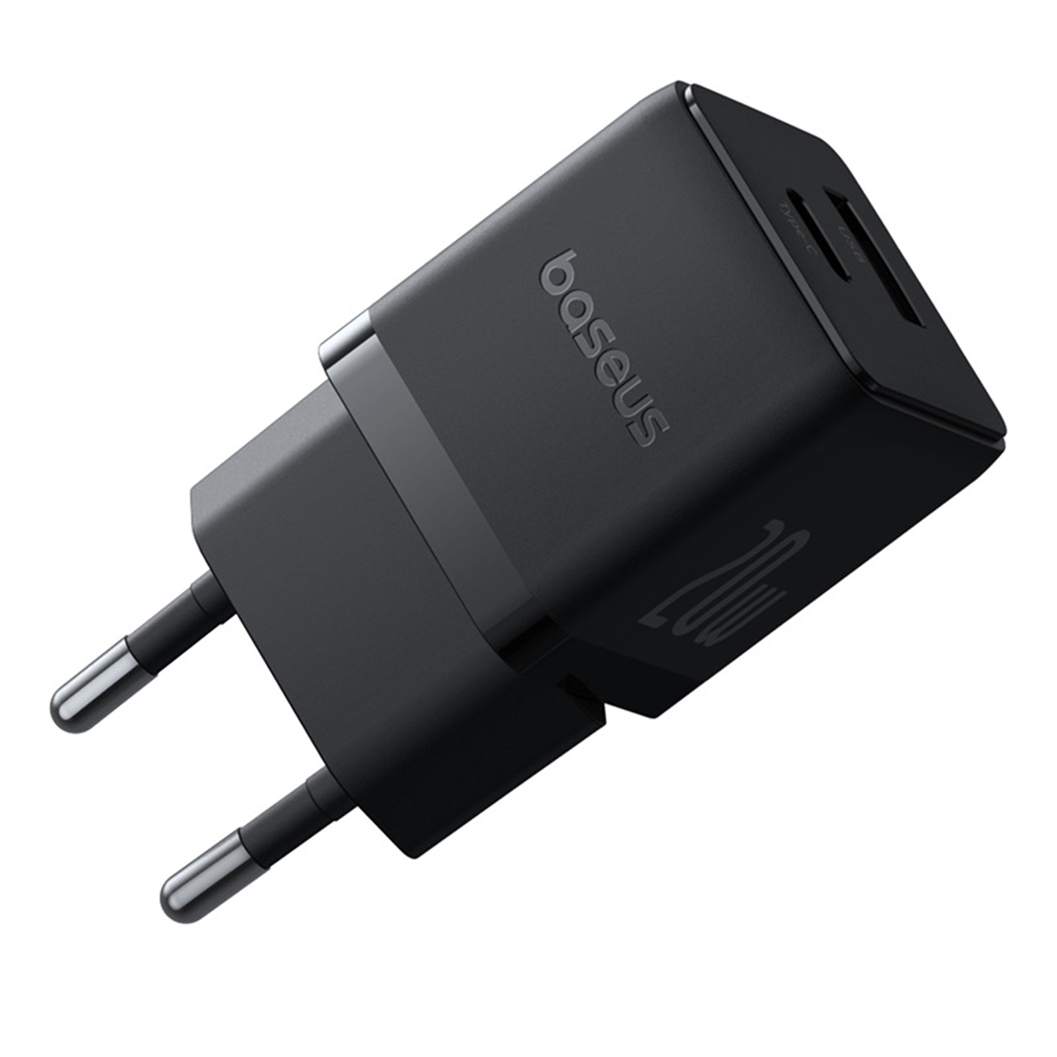 Cargador Baseus negro de 20W con puertos Tipo-C y USB. Tiene dos clavijas plateadas y el logotipo de Baseus.