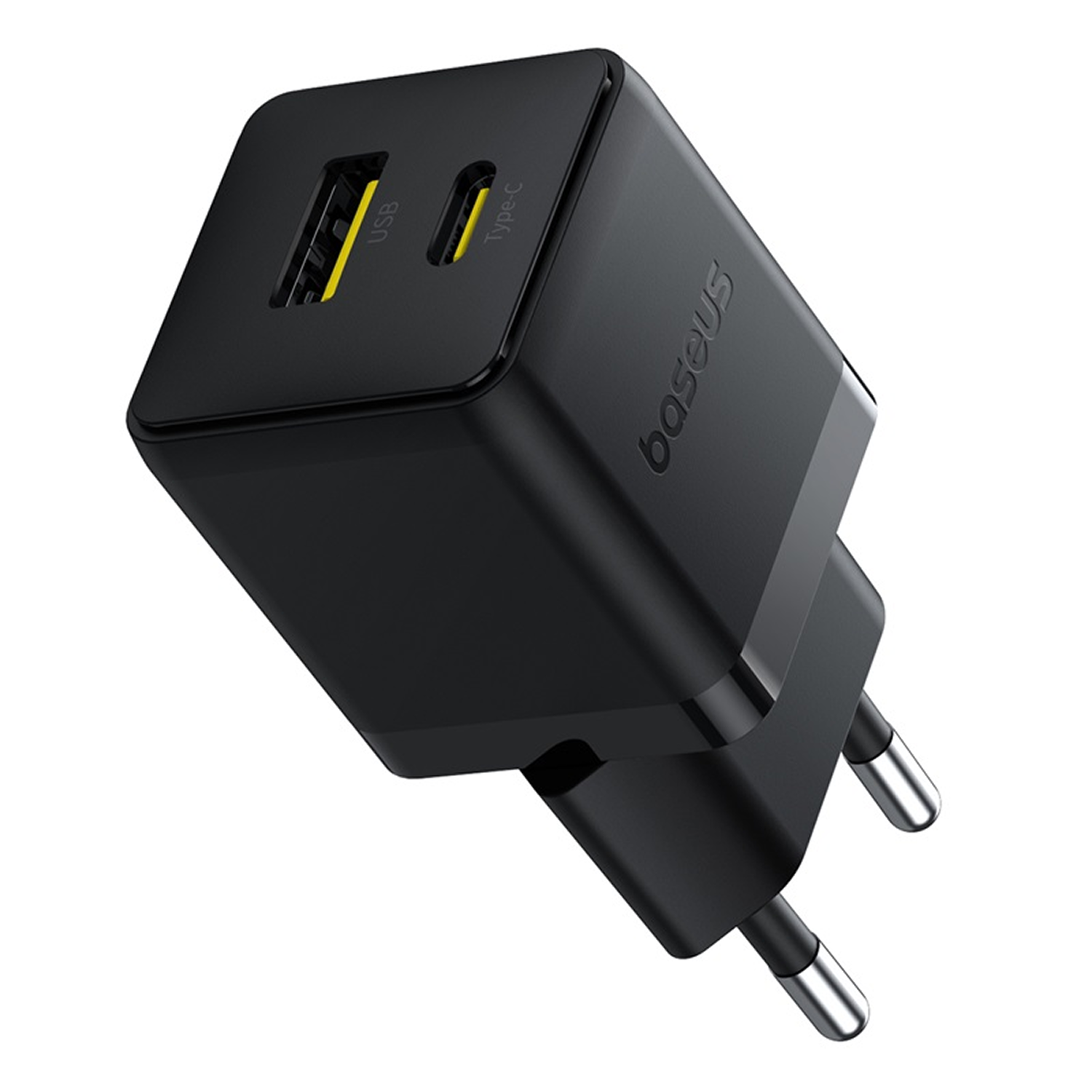 Cargador de pared Baseus negro con puertos USB y Tipo-C. Tiene dos clavijas plateadas y fondo blanco.