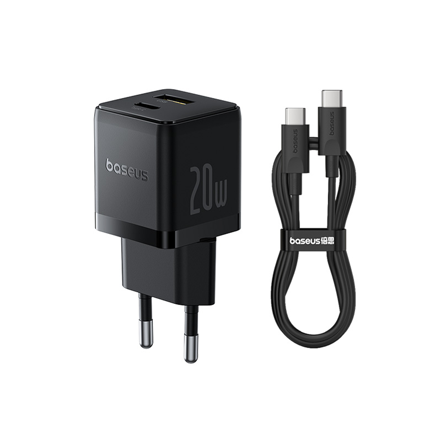 Un cargador Baseus negro de 20W con un cable USB-C. El cargador tiene dos puertos y el cable está en bucle y atado.