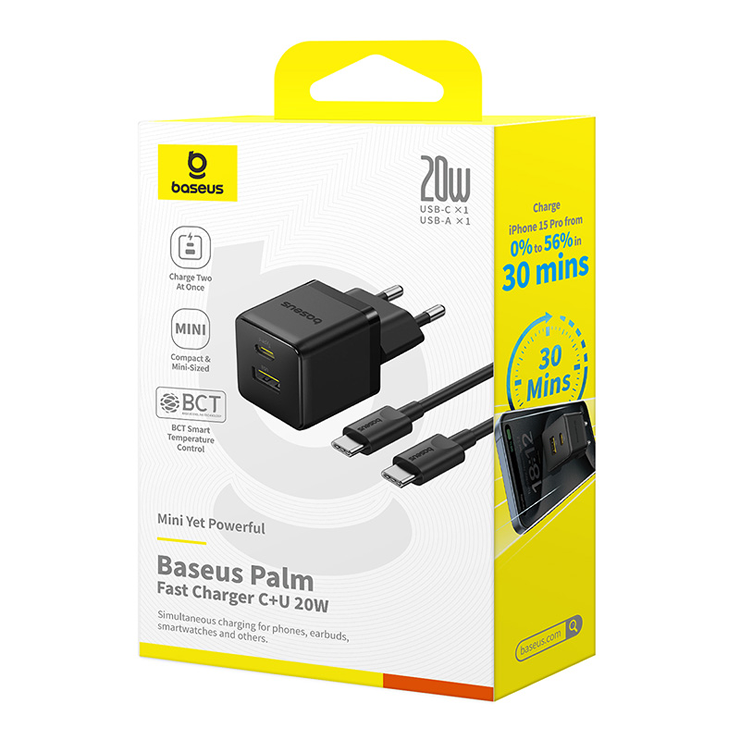Caja del cargador rápido Baseus Palm C+U 20W. Cargador y cables negros. Texto indica carga rápida y simultánea.