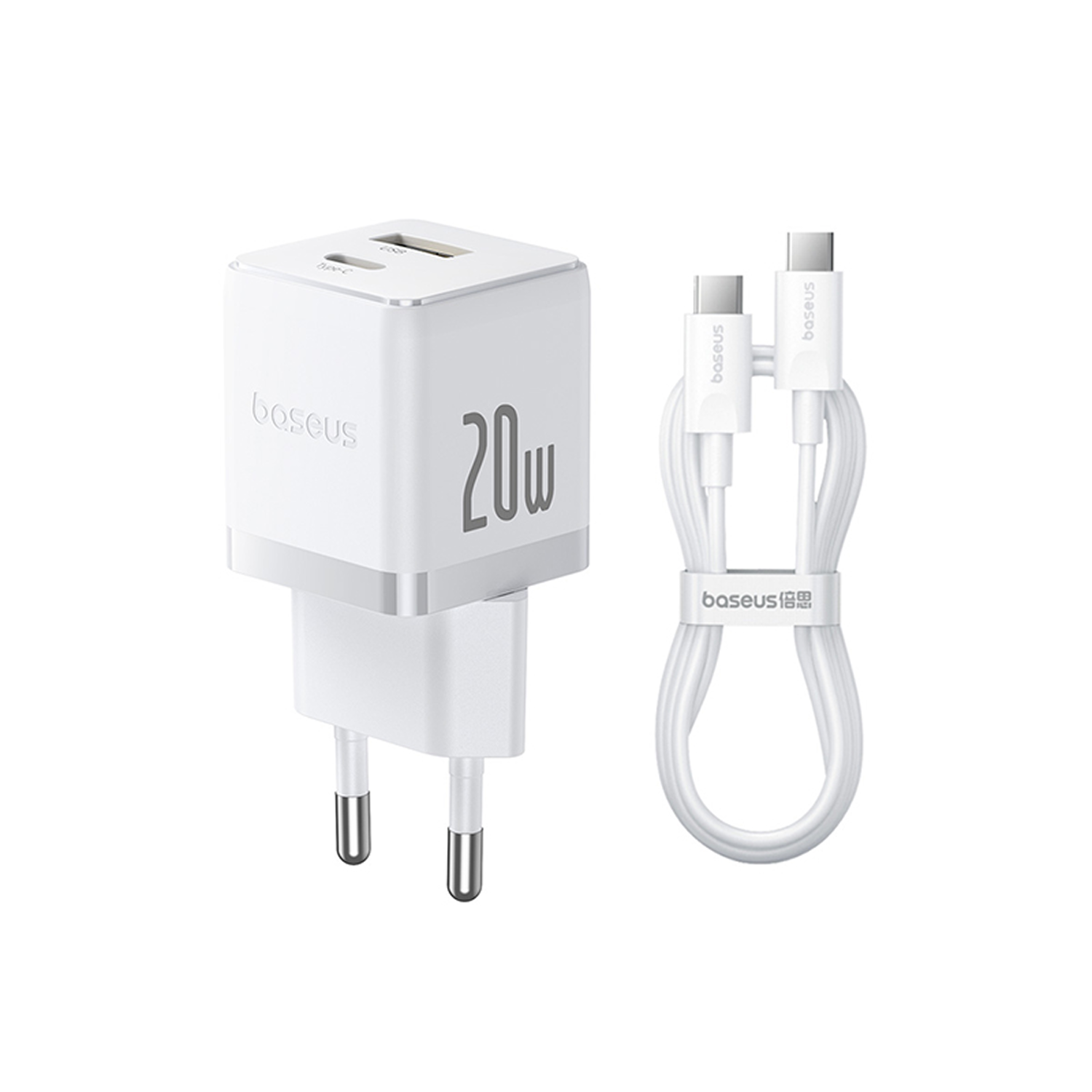 Un cargador Baseus 20W blanco con cable USB-C. El cargador tiene dos puertos y el cable está enrollado con una etiqueta Baseus.