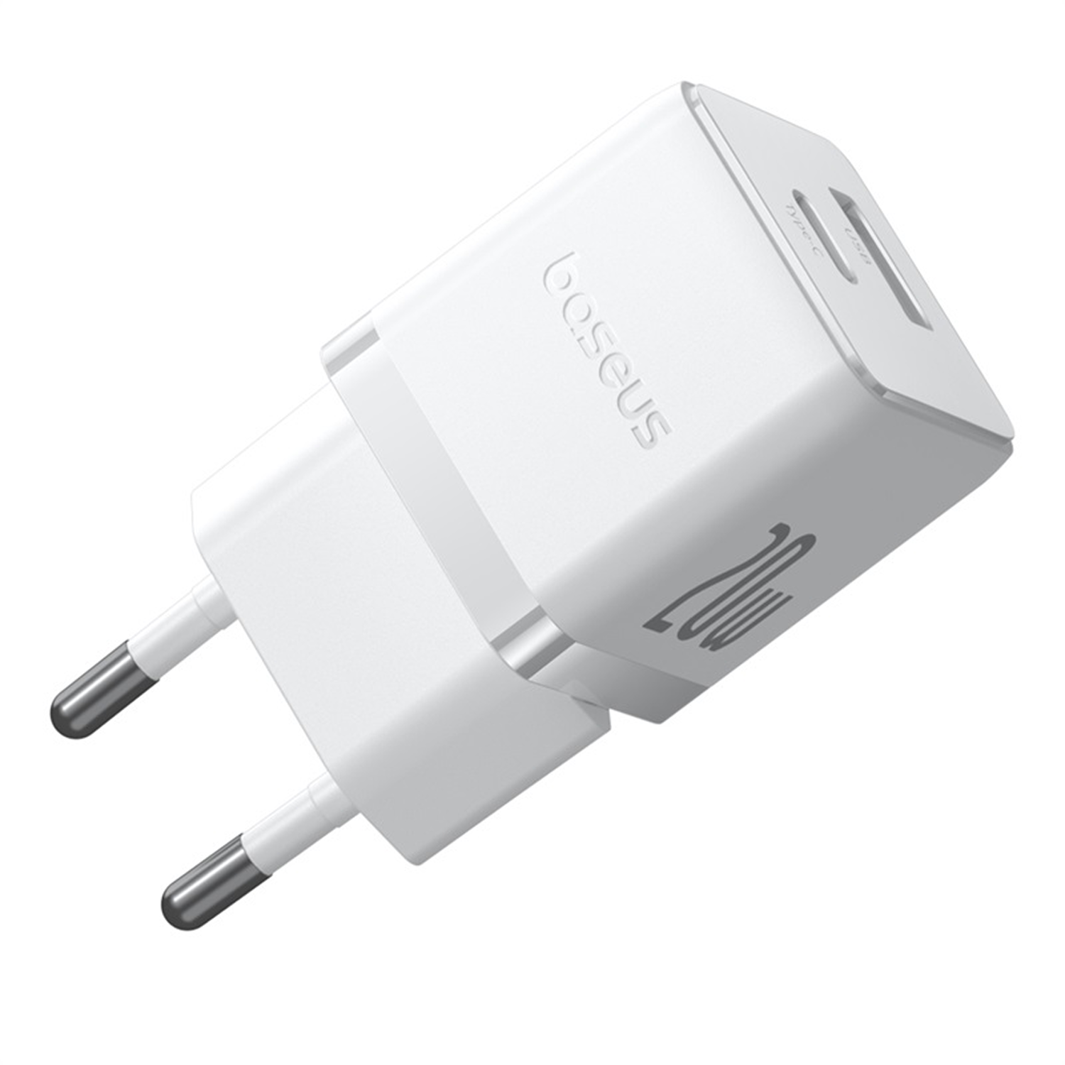 Un cargador blanco Baseus de 20W con puerto Tipo-C y enchufe europeo. El cargador es blanco con el logotipo de Baseus y 20W impreso.
