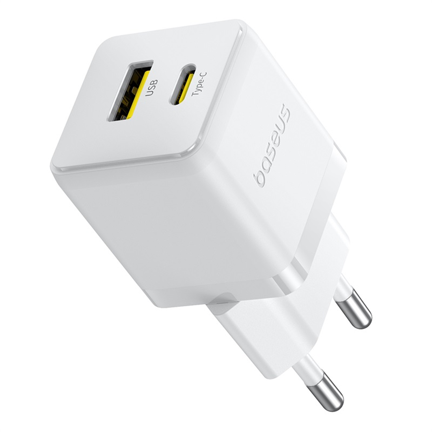 Un cargador Baseus USB-C blanco. Tiene un puerto USB y uno Tipo-C. El cargador tiene dos clavijas plateadas para un enchufe de pared.
